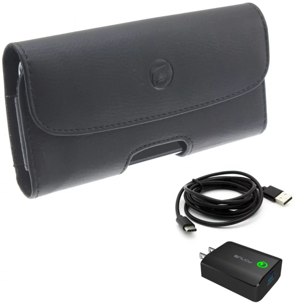 6ft  Cable 18W Fast Home Charger w Holster Leather Case Belt Clip for OnePlus 6, 8 5G  - Razer Phone 2 - Samsung Galaxy  Plus  Plus  Plus  Plus XCover FieldPro  Fan Edition