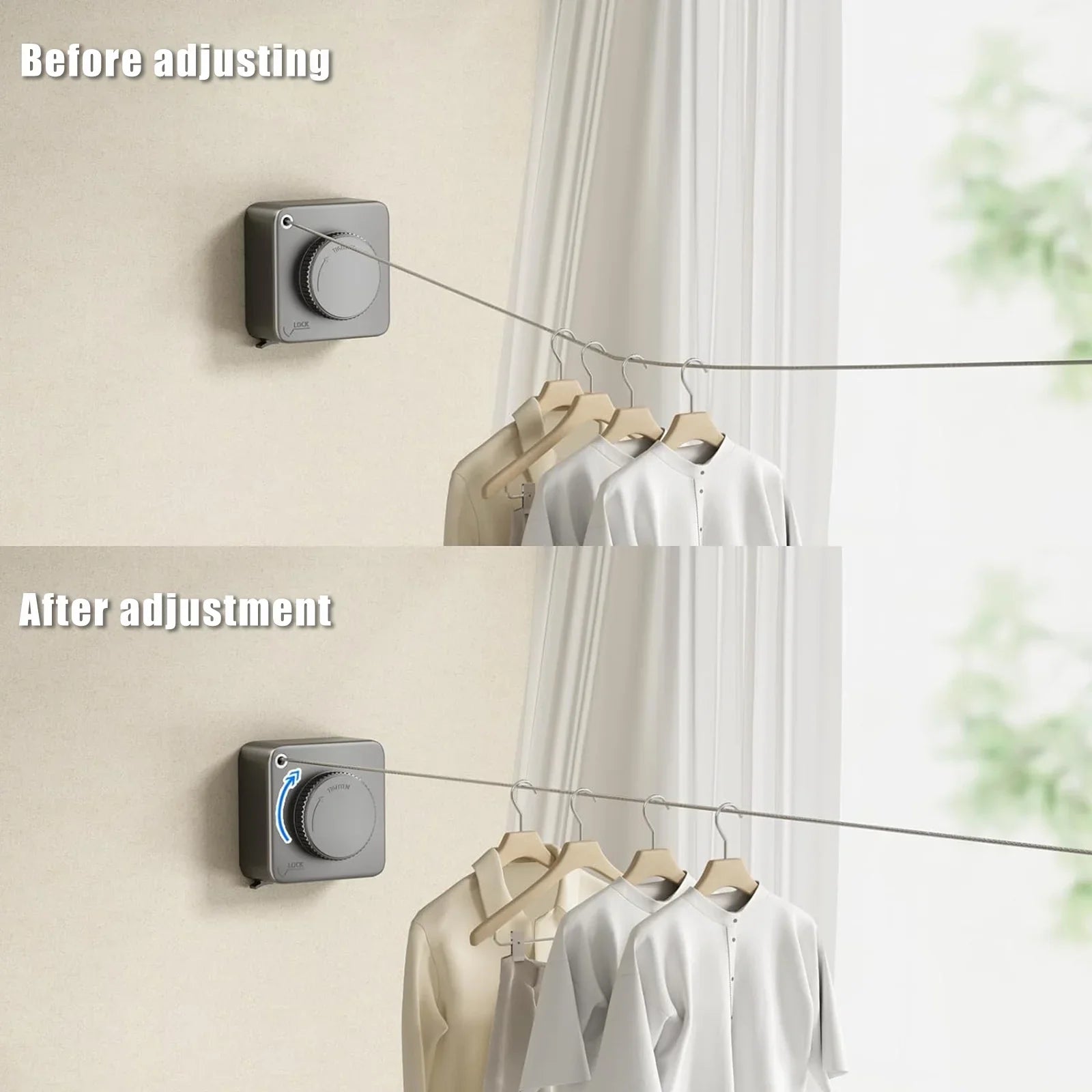 Ryanstar Racing Gray Retractable Clothesline Indoor, Adjustable Droop Outdoor Clothesline Retractable Heavy Duty Clothes Drying Laundry Rope Wall Mounted Stainless Steel Clothesline - 15.1 feet