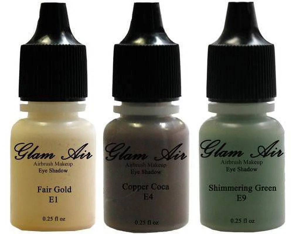 Glam Air Set of Three (3) s- Fair Gold E4Copper Cocoa, &amp; E9shimmery Green,  Airbrush Water-based 0.25 Fl. Oz. Bottles of Eyeshadow Shimmery Green, Copper Cocoa, Fair Gold