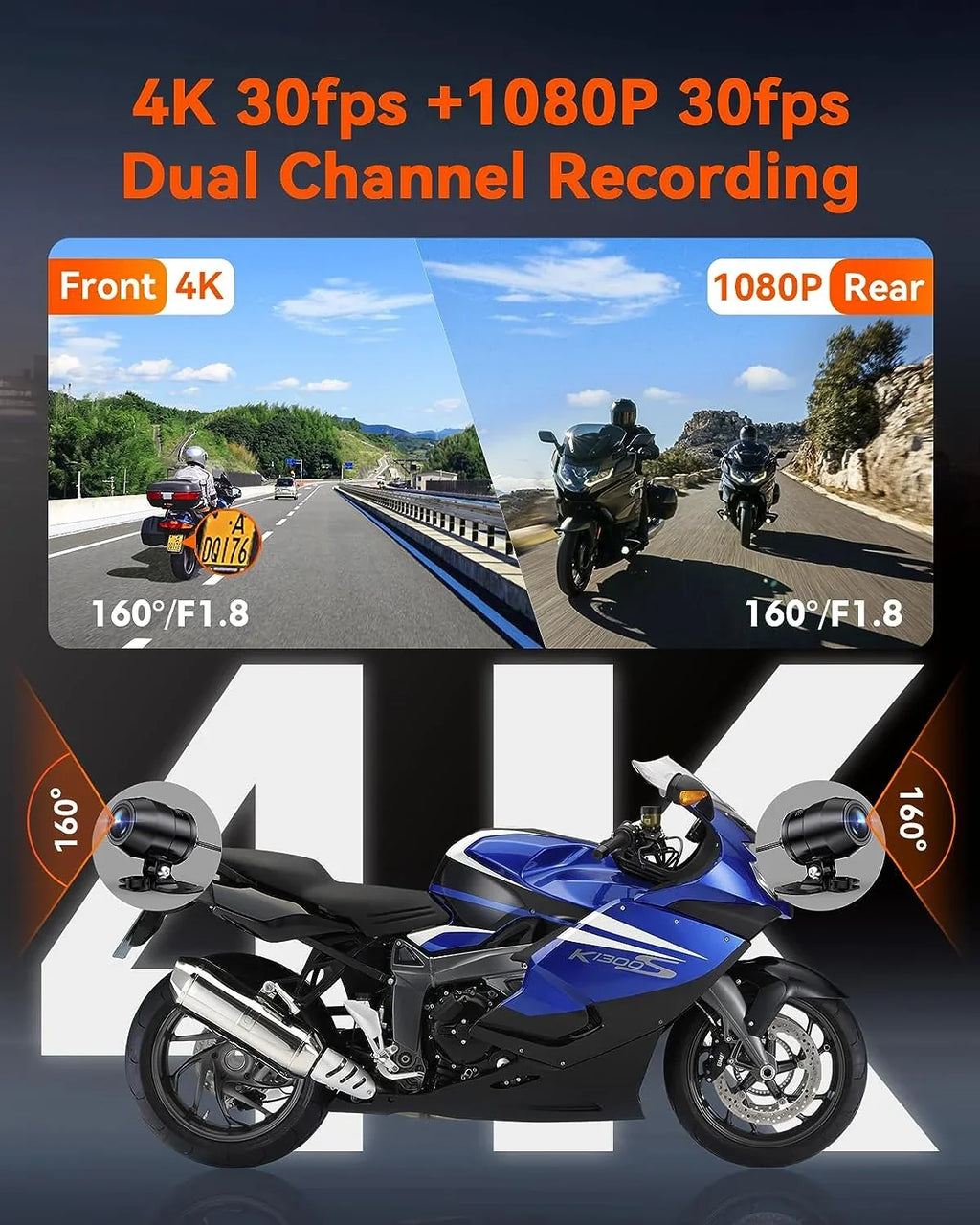Vantrue  Motorcycle 4K Dashcam (4K + 1080P)  | WiFi | Parking Mode (No  Card)