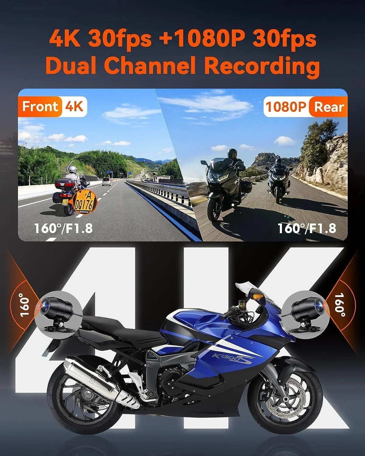 Vantrue  Motorcycle 4K Dashcam (4K + 1080P)  | WiFi | Parking Mode (No  Card)