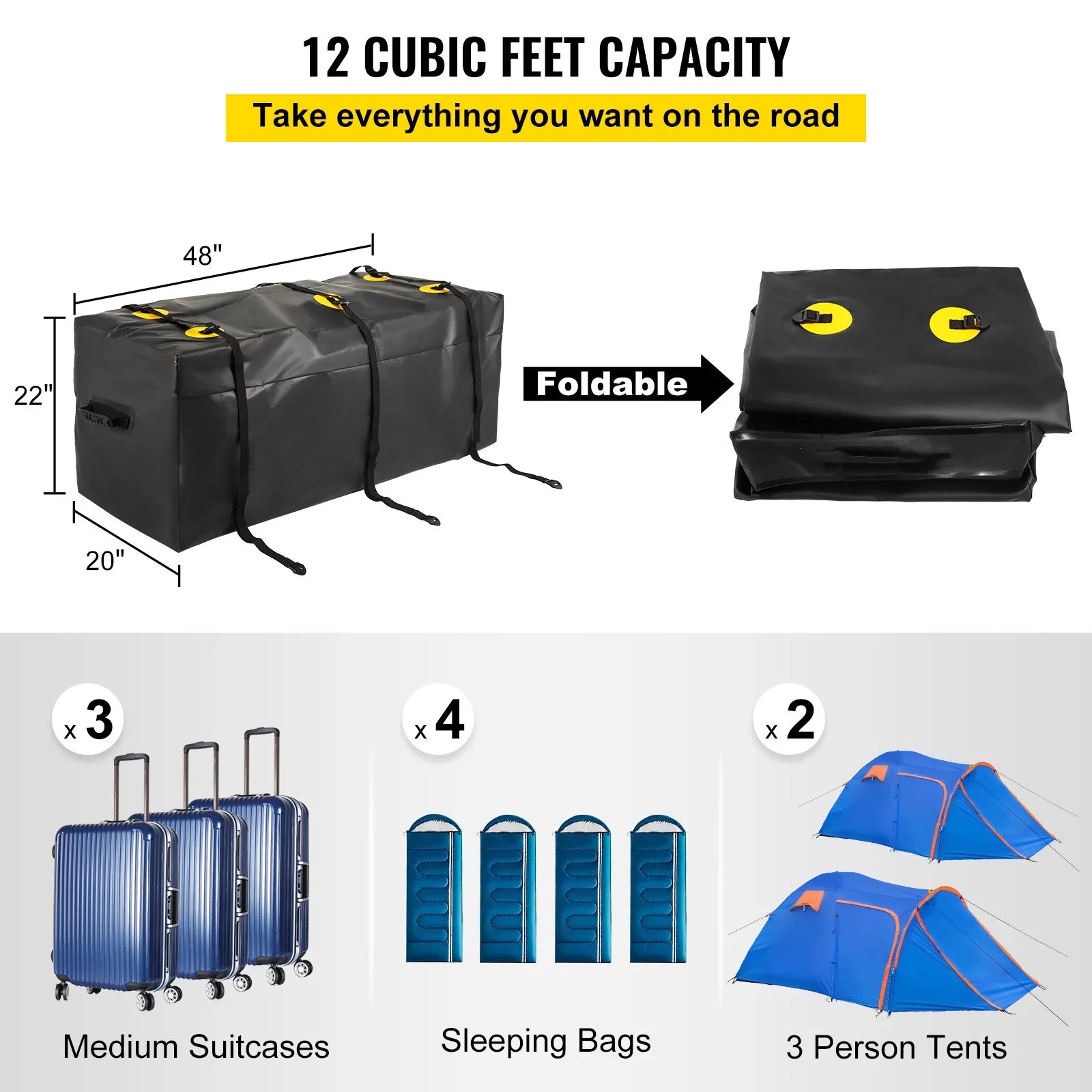 Hitch Cargo Carrier Bag, Waterproof 840D , 48"x20"x22" (12 Cubic Feet), Heavy Duty Cargo Bag for Hitch Carrier with Reinforced Straps, Fits Car Truck  Vans Hitch Basket