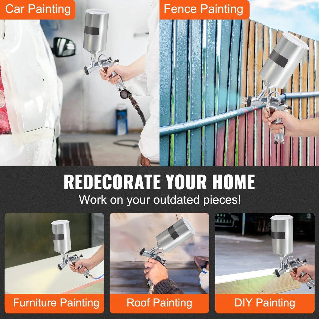 Spray Gun, High Performance Automotive Gravity Feed Spray Gun with 1.3mm 1.4mm 1.8mm Stainless Steel Nozzles, 1000cc Aluminum Cup for Auto Paint, Primer, Clear/Top Coat & Touch-Up