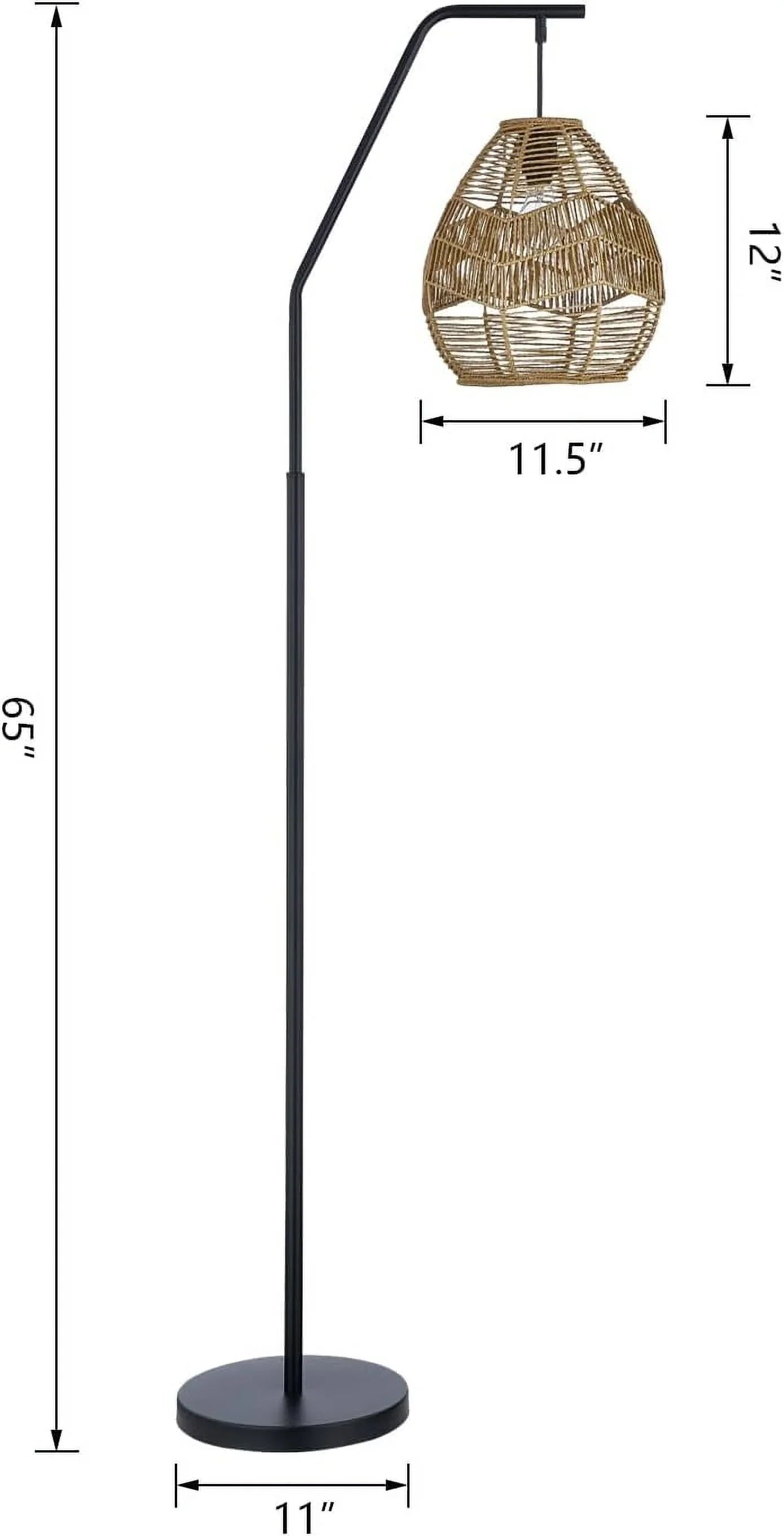 Maxax Rattan Boho Floor Lamp Farmhouse Arc Standing Lamp with Larger Woven Rattan Lamp Shade, Black