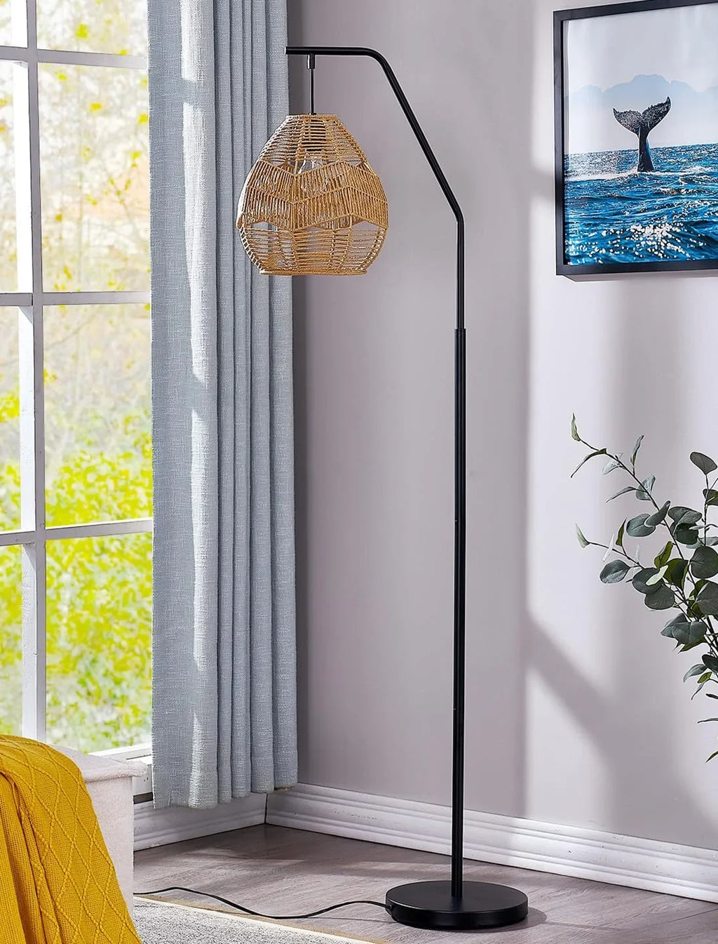 Maxax Rattan Boho Floor Lamp Farmhouse Arc Standing Lamp with Larger Woven Rattan Lamp Shade, Black
