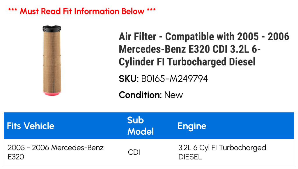 Air Filter - Compatible with 2005 - 2006 Mercedes-Benz   3.2L 6-Cylinder  Turbocharged Diesel