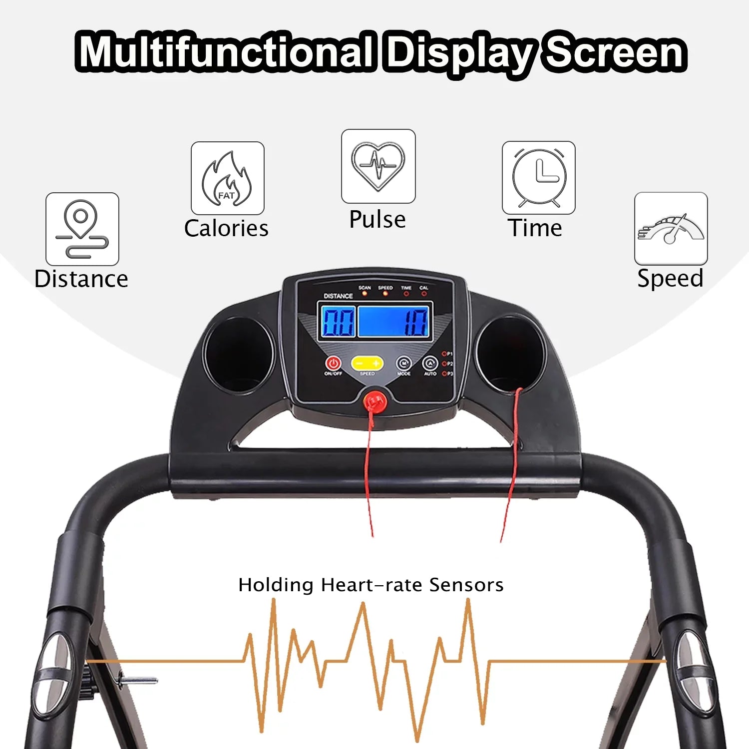 Foldable Electric Treadmill w/ display,Pulse Sensor,Cup Holder and Safety Key for Home Office Fitness Walking Jogging Running Exercise