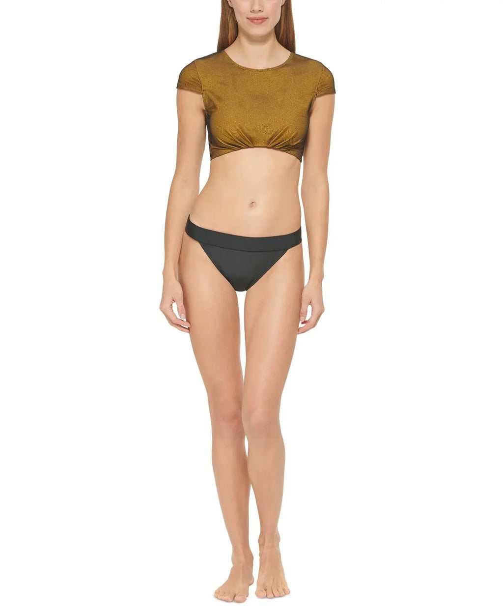 $78 Dkny Womens Cropped Mesh Overlay Bikini Top Yellow Size Small