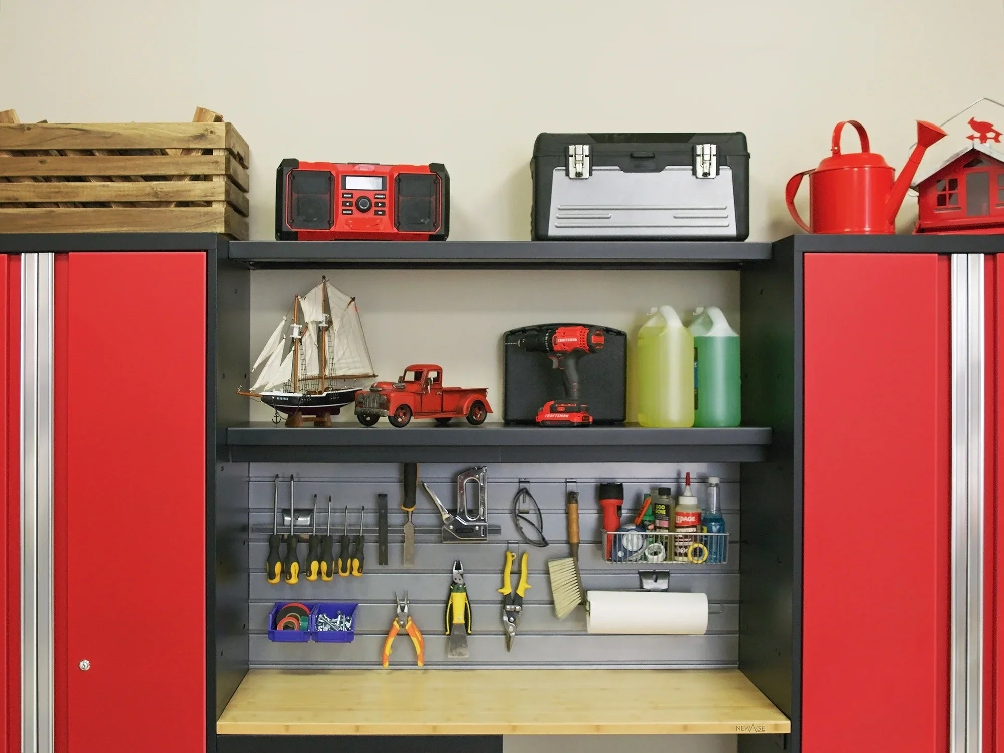 NewAge Products Bold Series Red 13 Piece Cabinet Set, Heavy Duty 24-Gauge Steel Garage Storage System, Slatwall / Wall Mounted Shelf Included