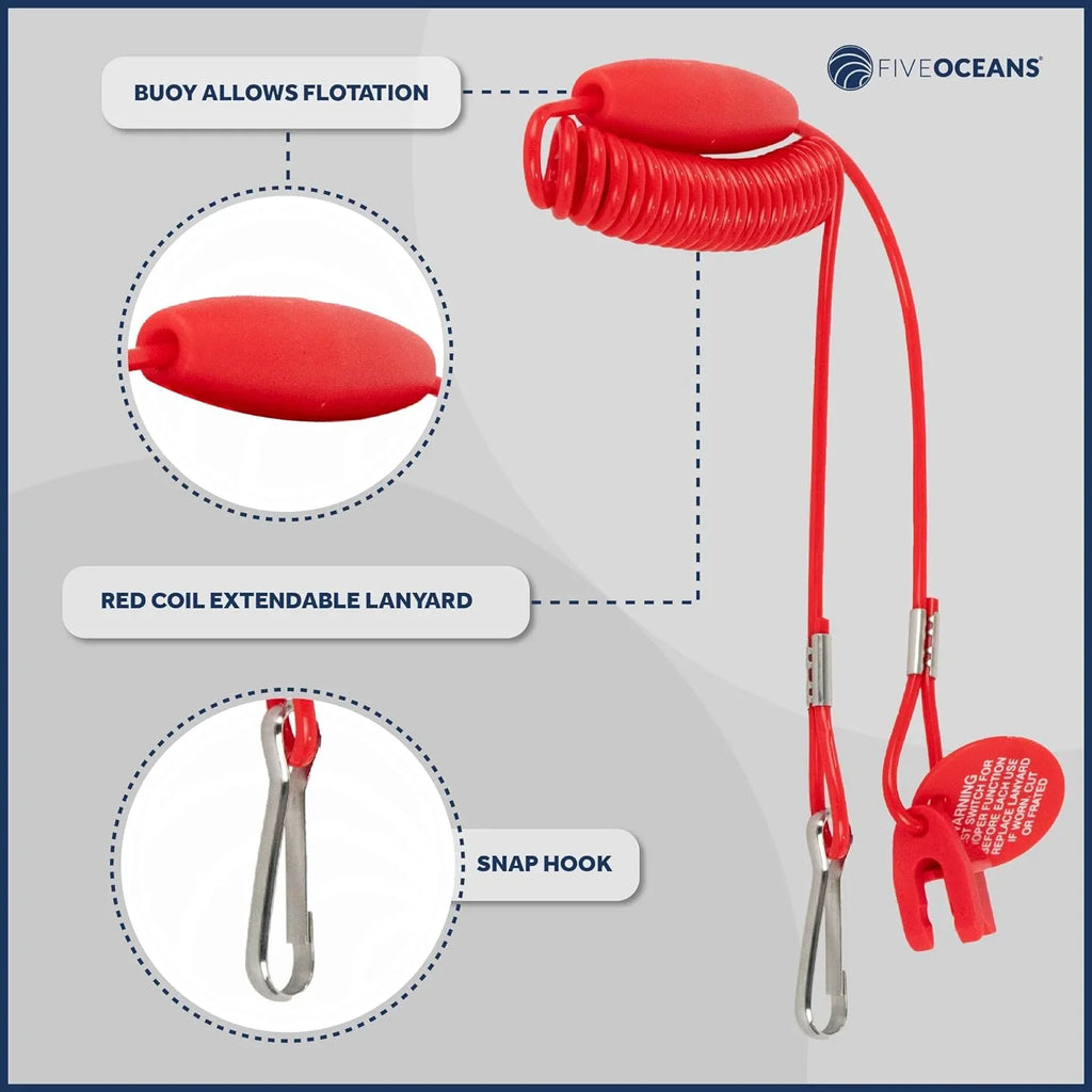 Five Oceans Marine Universal Emergency Cut-Off Switch, Kill Switch, Engine Shut-Off Switch 12VDC, Coil Extendable Lanyard, Snap Hook and Red Buoy, for Jet Ski, Inflatable Boats, ATVs -