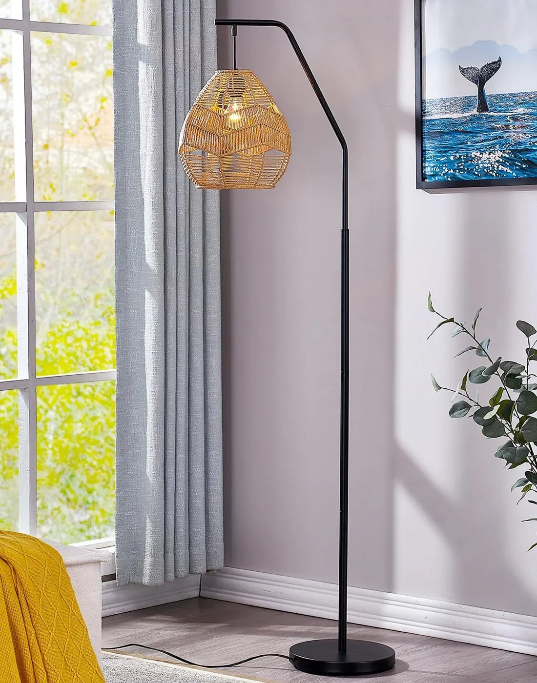 Maxax Rattan Boho Floor Lamp Farmhouse Arc Standing Lamp with Larger Woven Rattan Lamp Shade, Black