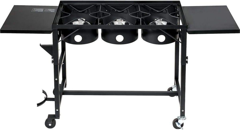 Portable Propane 87,000- Triple-Burner Outdoor Camp Stove Side Table Patio Cooking Wheel /Regulator 4 Hook Utensil Holder