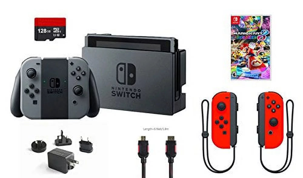 Nintendo Switch 6 items Bundle:Nintendo Switch 32GB Console Gray Joy-con,128GB Micro  Card Nintendo Joy-Con (/) Wireless Controllers Neon Red,Mario Kart 8 Deluxe Mytrix  Cable and Wall Charger