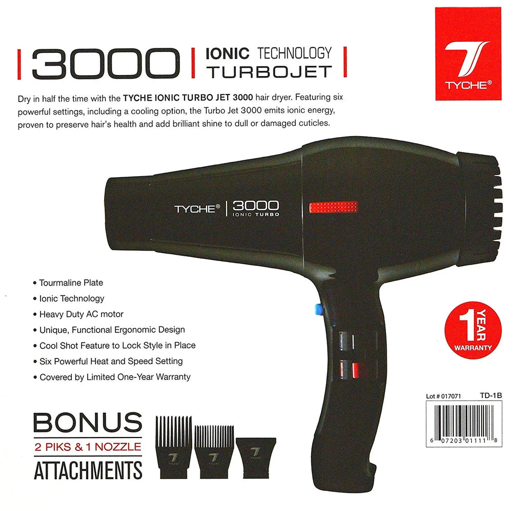Tyche Turbo 3000 Black Professional Ionic Ceramic Tech Hair Dryer (1 Year Warranty) Dries Hair Fast Negative Ions, Infrared Hair Shine Electromagnetic  Radiation Heat & Air Distribution Power