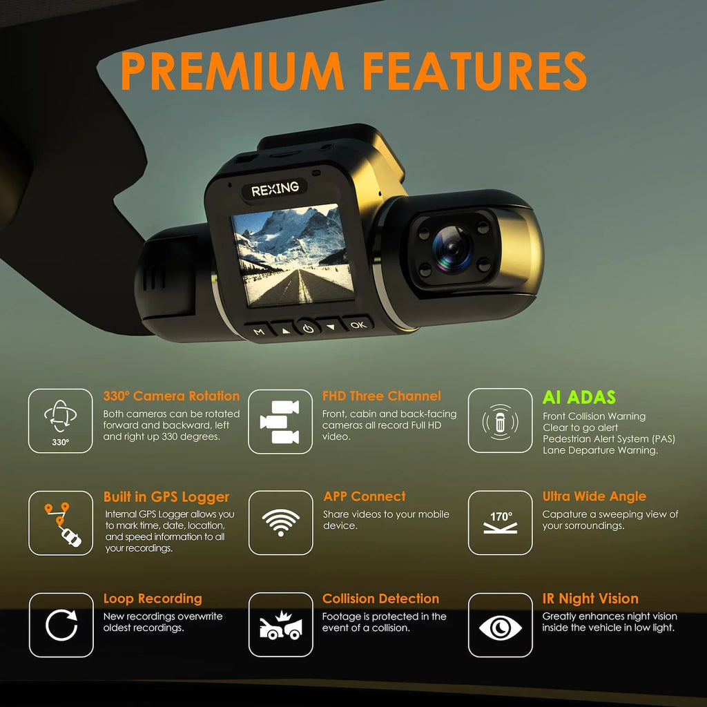Rexing  Pro  Dash Cam, 3-Channel Front/Cabin/Rear 1080p Recording with Wi-Fi and