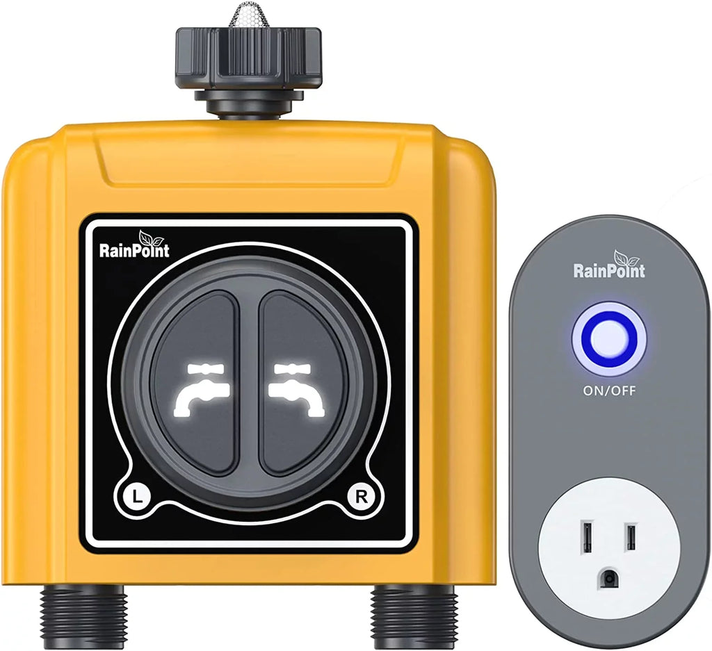 WiFi Sprinkler Timer 2 Outlets Water Timer, Smart Hose Timer, 2-Zone Watering System Irrigation Valve Controller with Wi-Fi Hub Socket, Automatic Rain Delay, Voice Control, for Garden Lawn