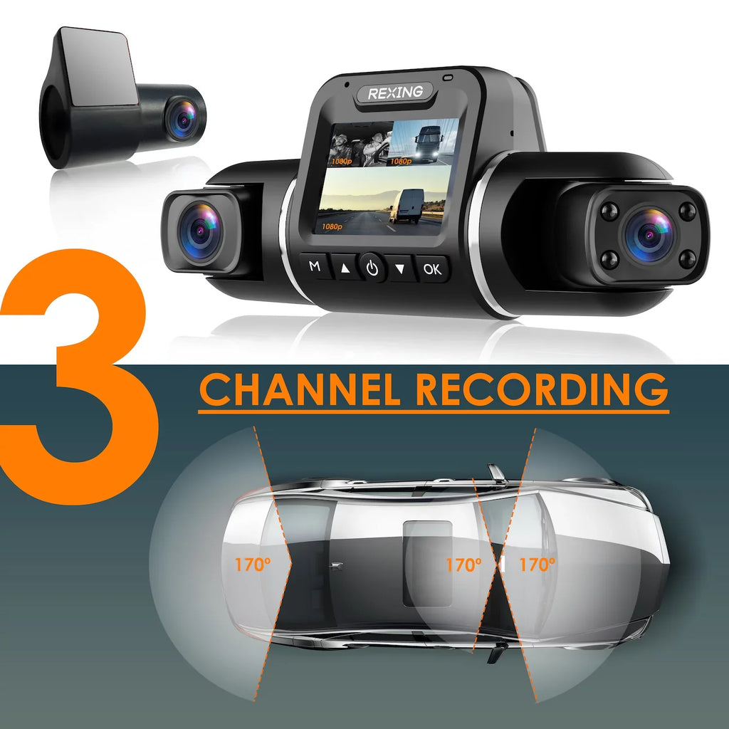 Rexing  Pro  Dash Cam, 3-Channel Front/Cabin/Rear 1080p Recording with Wi-Fi and