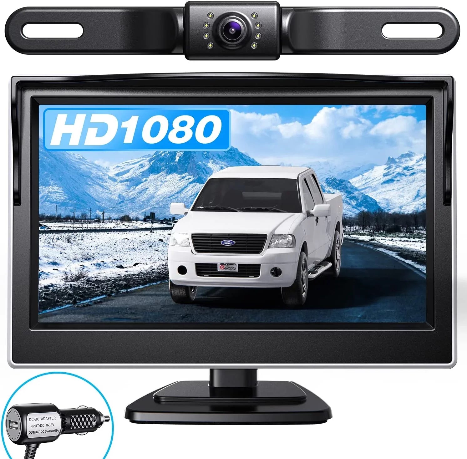 eRapta Backup Camera Monitor 5'' License Plate Car Rear View Reverse Backup Camera for Car Truck Trailer Minivan with  Waterproof Night Vision A5i