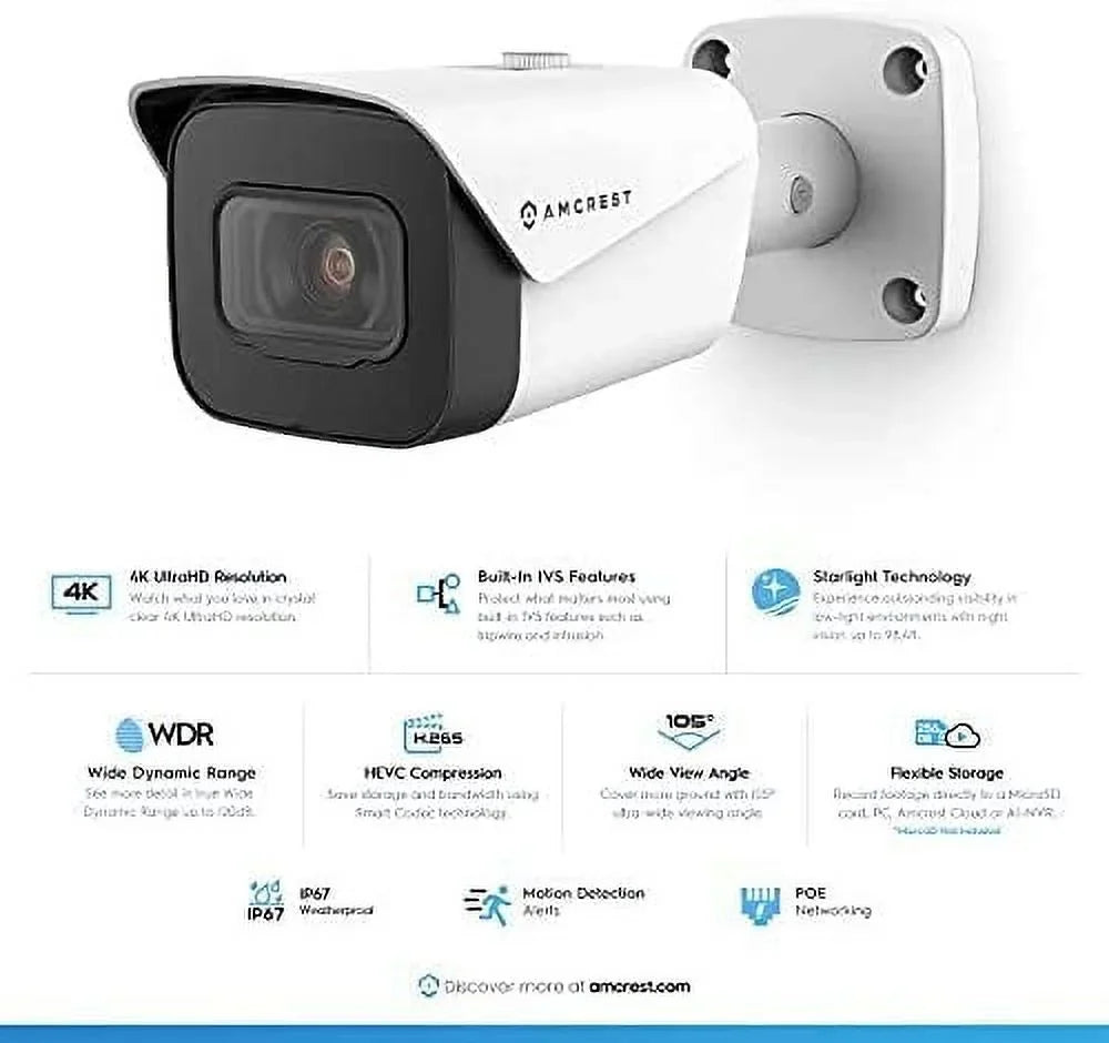 2-Pack Amcrest UltraHD 4K (8MP) Bullet   Camera, 3840x2160, 131ft NightVision, 2.8mm Lens,  Weatherproof, MicroSD Recording, White (2PACK--2496EW)