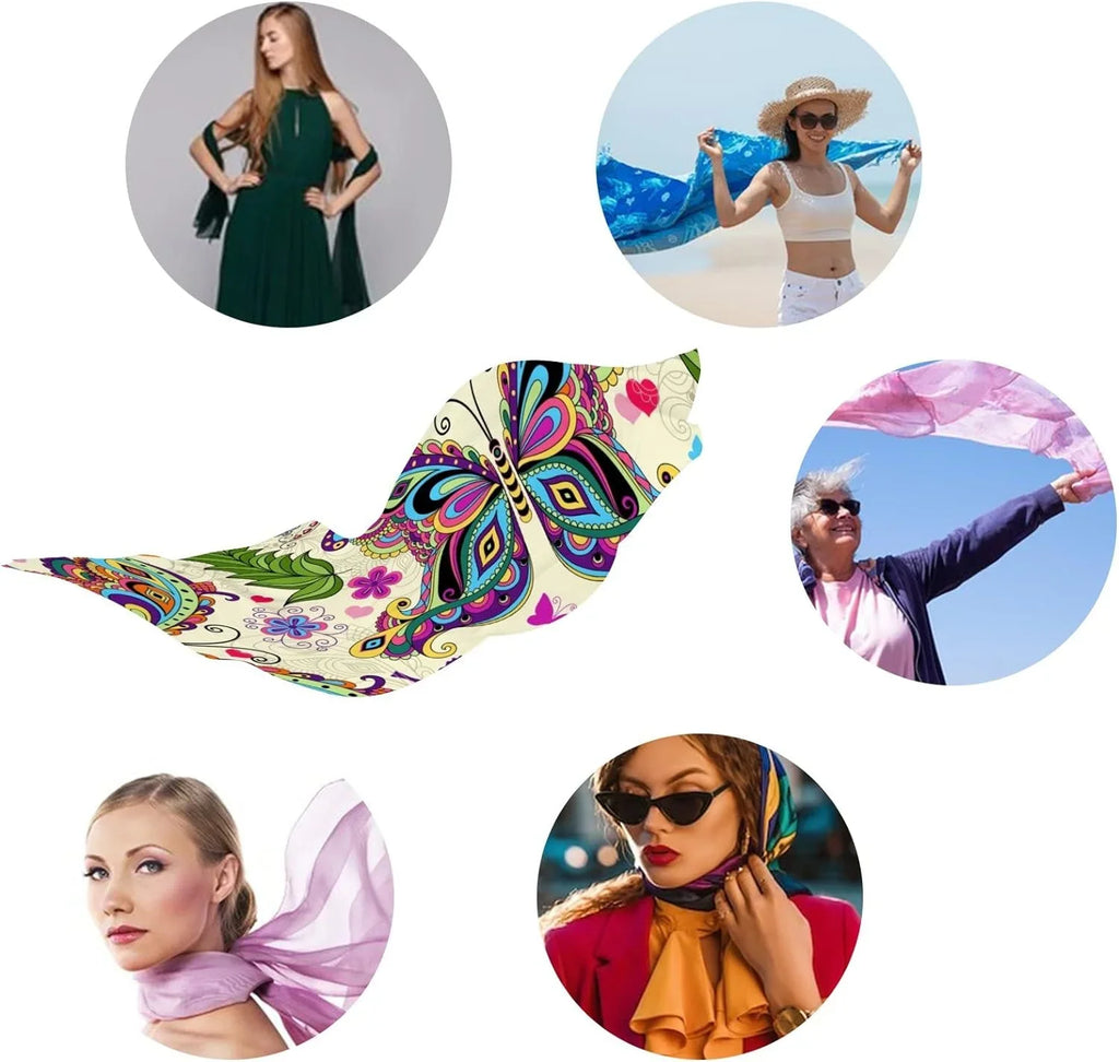 Hyjoy Vintage Butterflies And Flowers Long Silk Neck Scarf Lightweight Shawl Wrap Scarves for Women Girls