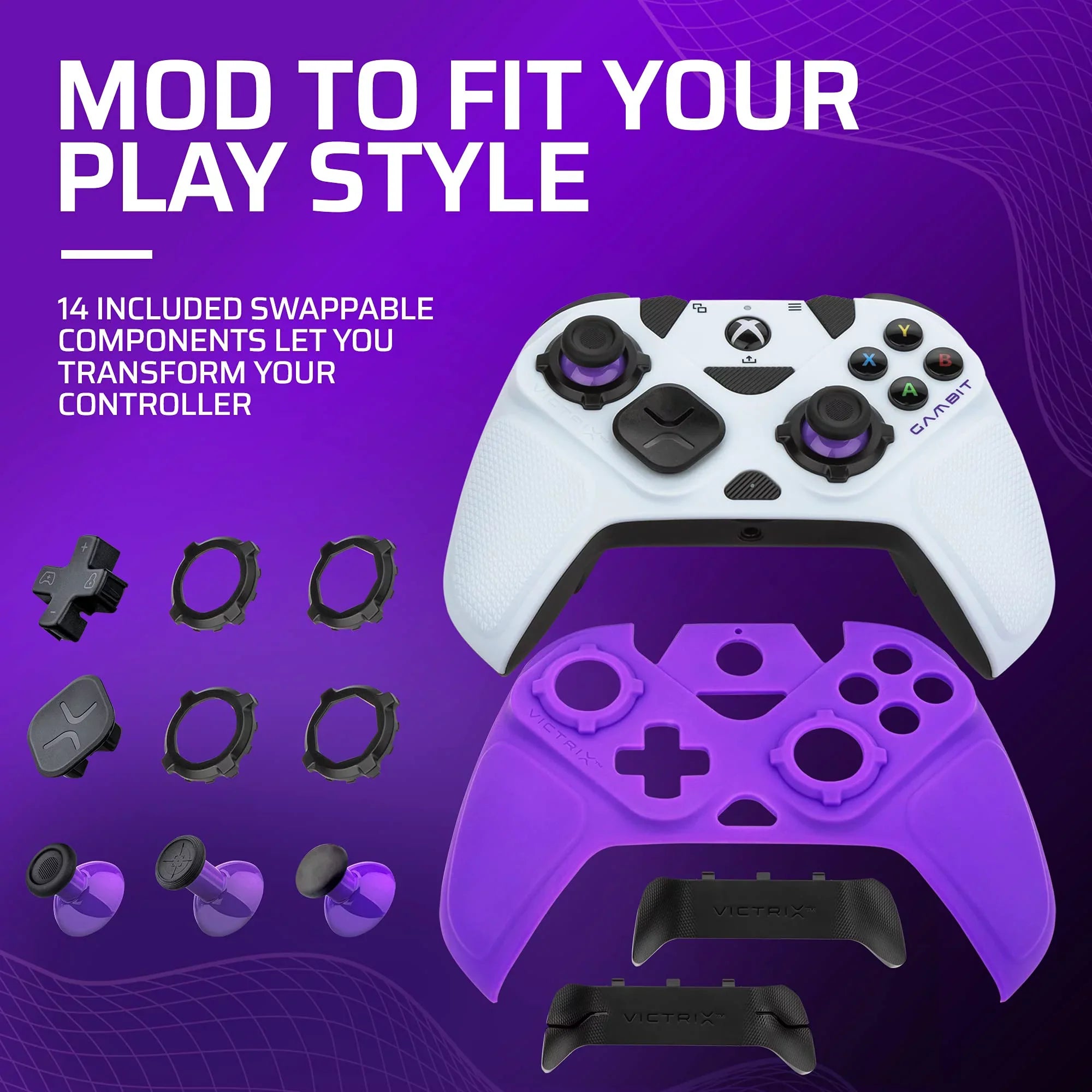 Gaming Victrix Gambit World's Fastest Xbox Controller, Elite Esports Design with Swappable Pro Thumb Sticks, Custom Paddles, Swappable White/Purple Faceplate for Xbox Series