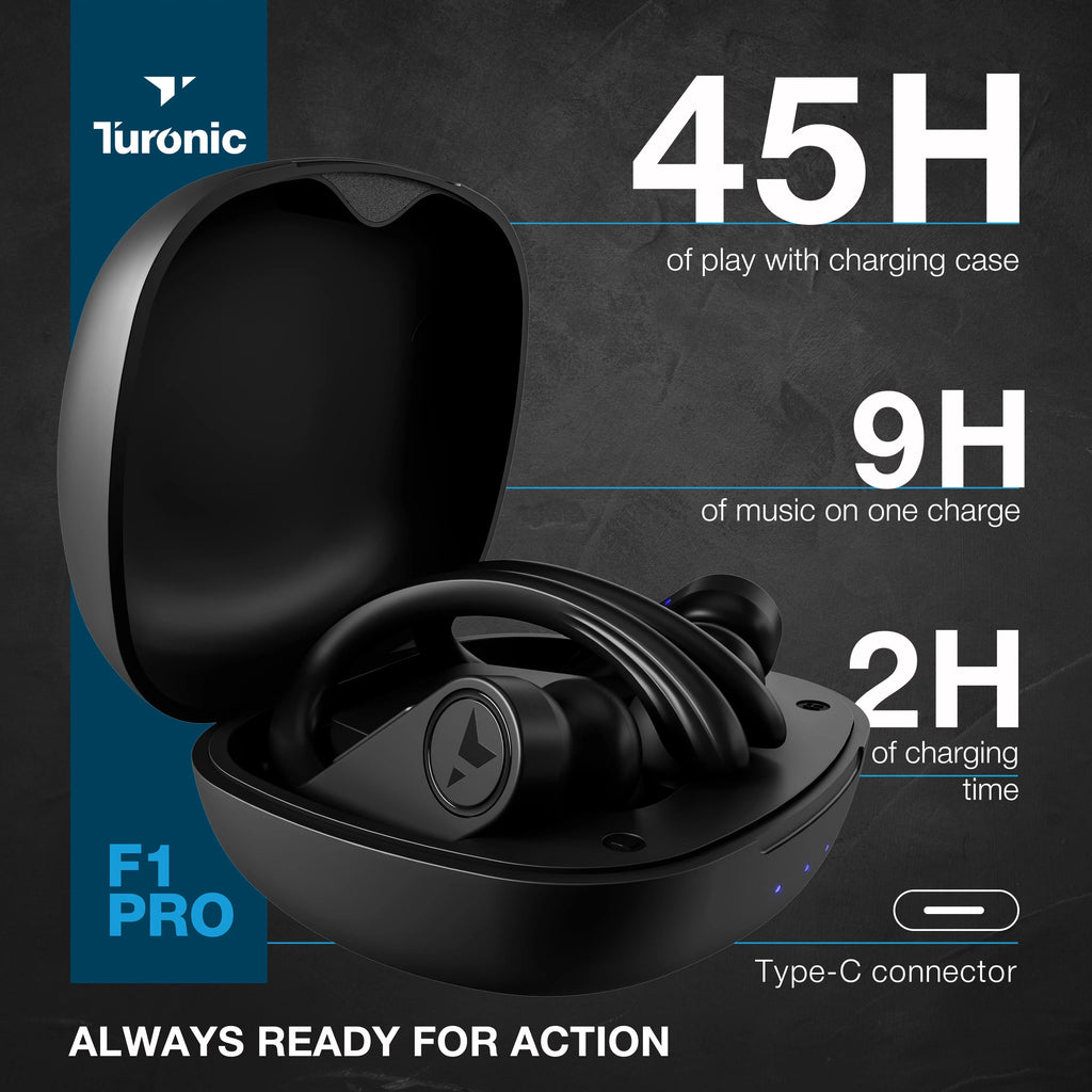 Turonic  Pro - True Wireless Earbuds - 45H Playtime, Charging case, Mic,  Waterproof Bluetooth Headphones w/Microphone - Sport Wireless Earphones with Earhook for Gym, Running, Workout - Black