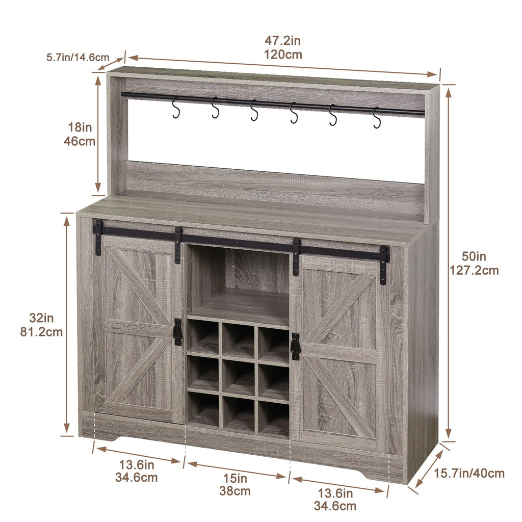 Urban Deco Coffee Bar Cabinet with Rack and Storage,Liquor Bar Buffet Sideboard with 6 Hooks for Kitchen Dining Room(Gray)
