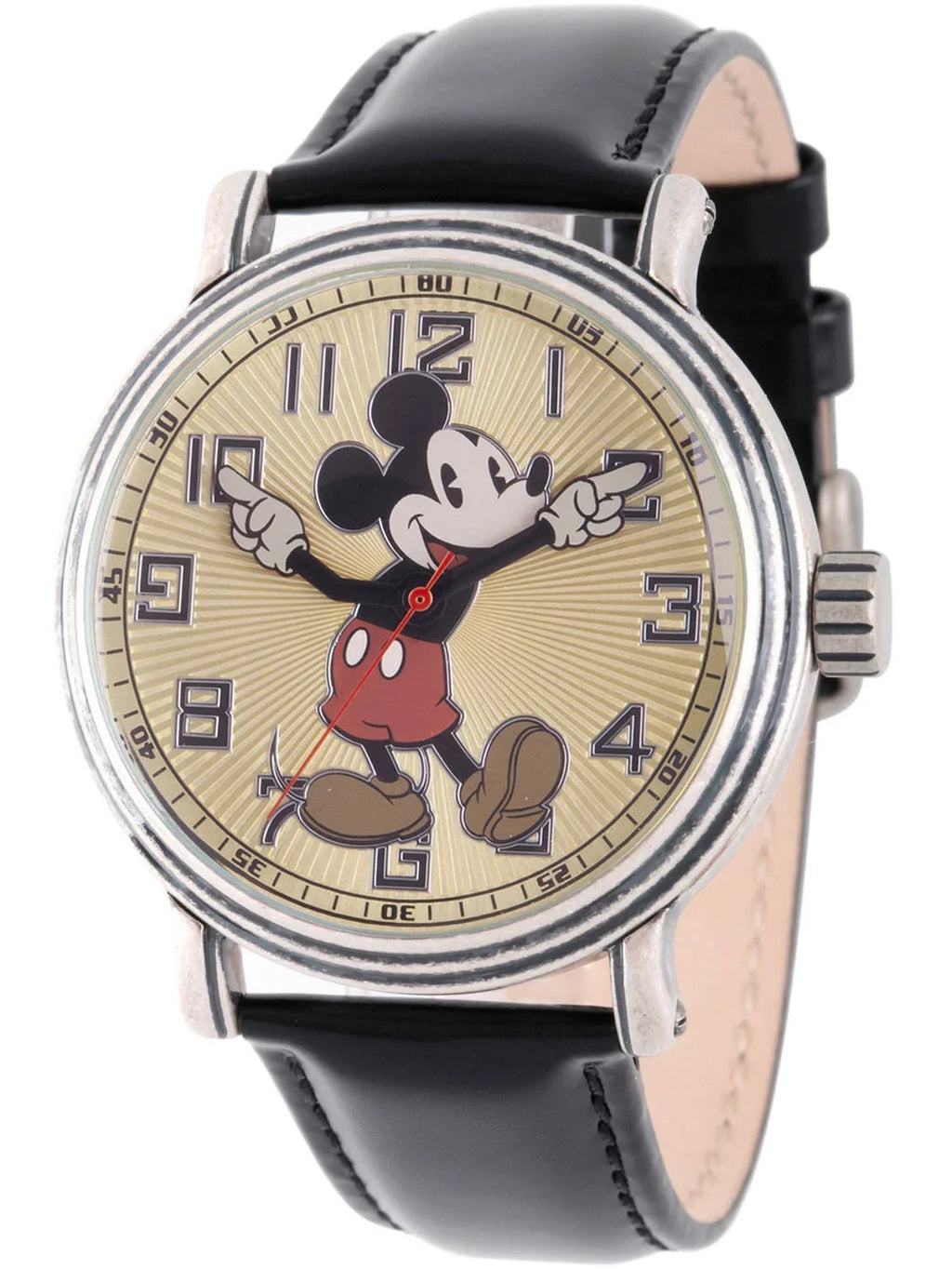 Mickey Mouse Men's Antique Silver Vintage Alloy Watch, Black Leather Strap