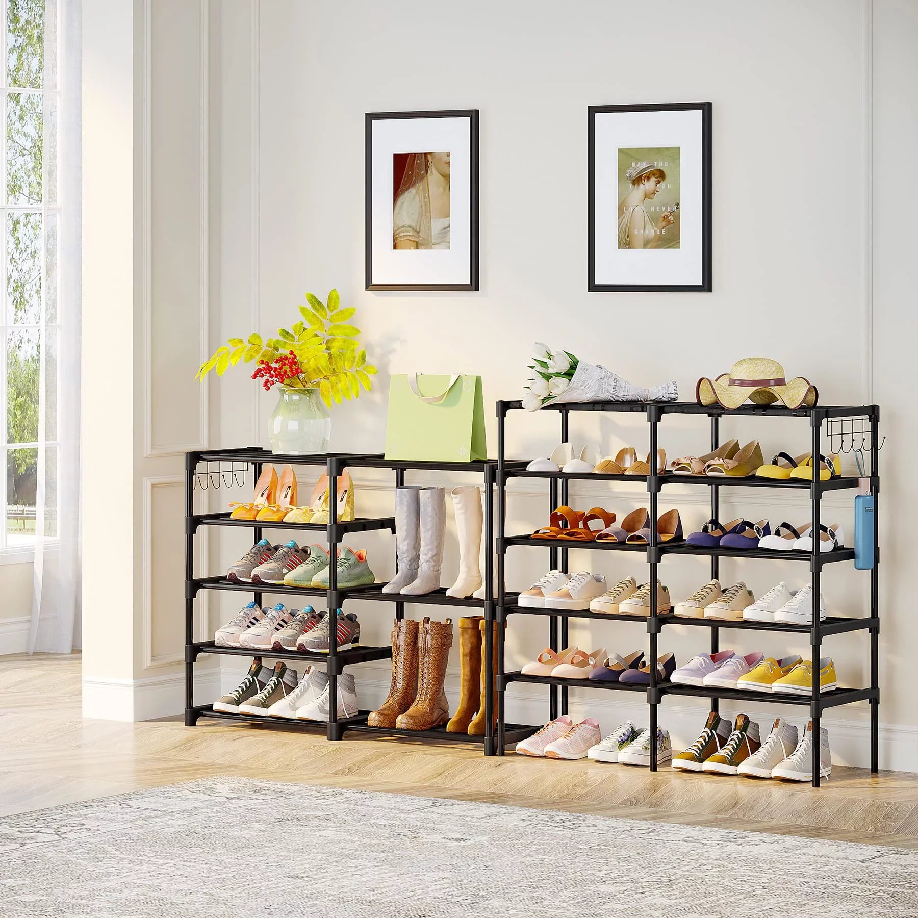 Fiuion Shoe Rack Organizer  9 Tiers Shoe Storage Shelf 32-40 Pairs Shoe Stand for Closet Boot Organizer with 2 Hooks Removable Dustproof Large Stackable Shoe Tower for Shoe Boot Storage, Black