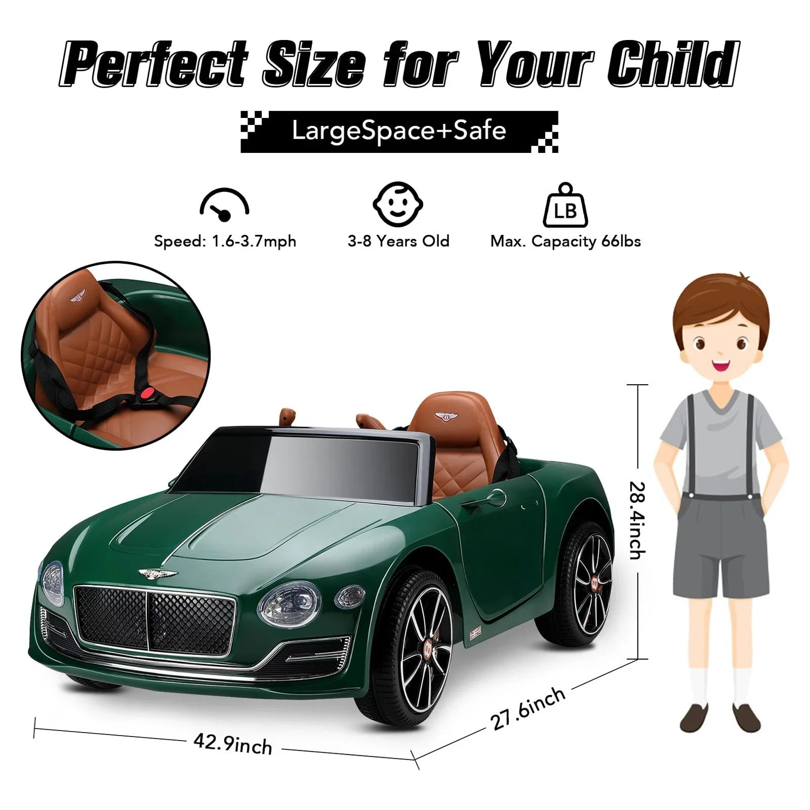 Official Licensed Bentley Ride on Car, 12V Electric Car for Boys Girls Age 3+, Ride on Car with Remote Control, Music, Green