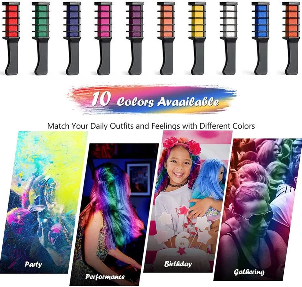 Hair Chalk Dye Combs, 10 Bright Temporary Hair Chalk Pens Easy Washable Hair Dye Pens Colourful, for Halloween Makeup Birthday for Girls Kids