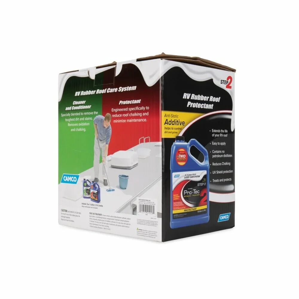 Camco Pro-Tec Camper/ Rubber Roof Care System | Two Step Treatment Rids Dirt/Grime & Reduces Roof Chalking | Extends the Life of  & Trailer Rubber Roofs - 2 Gallons (41453)