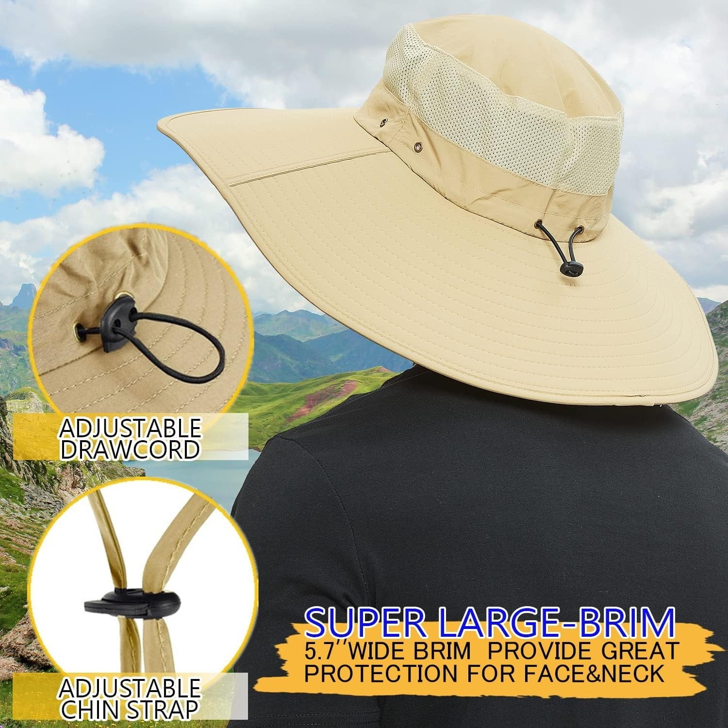 Super Wide Brim Sun Hat- 50+ Protection,Waterproof Bucket Hat for Fishing, Hiking, Camping,Breathable Nylon & Mesh