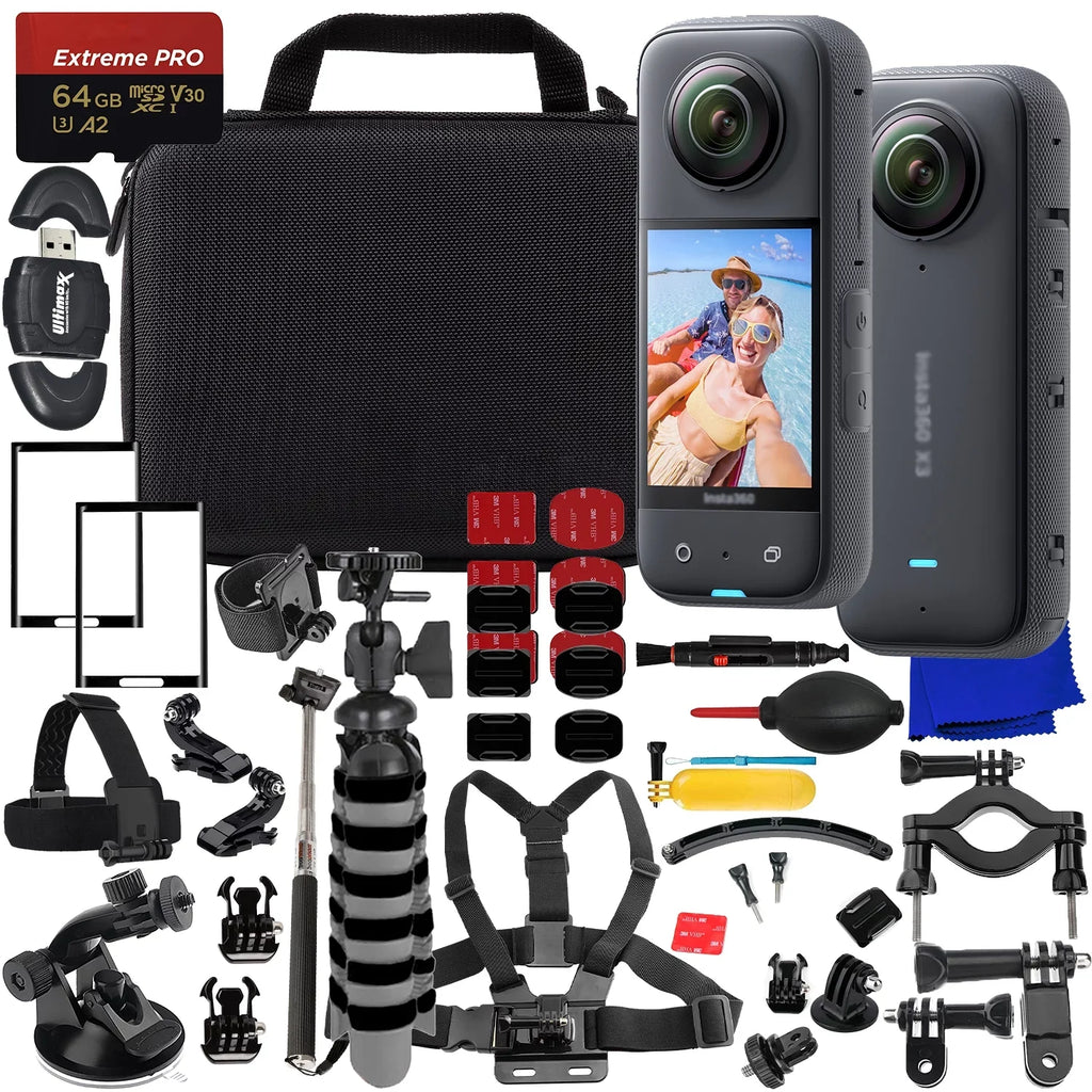 Ultimaxx Deluxe Insta360   Action Cam Bundle - Includes: 64GB Extreme Pro microSDXC, 2x Glass Screen Protector, Helmet Mount Kit, Selfie-Stick & Much More (32pc Bundle)