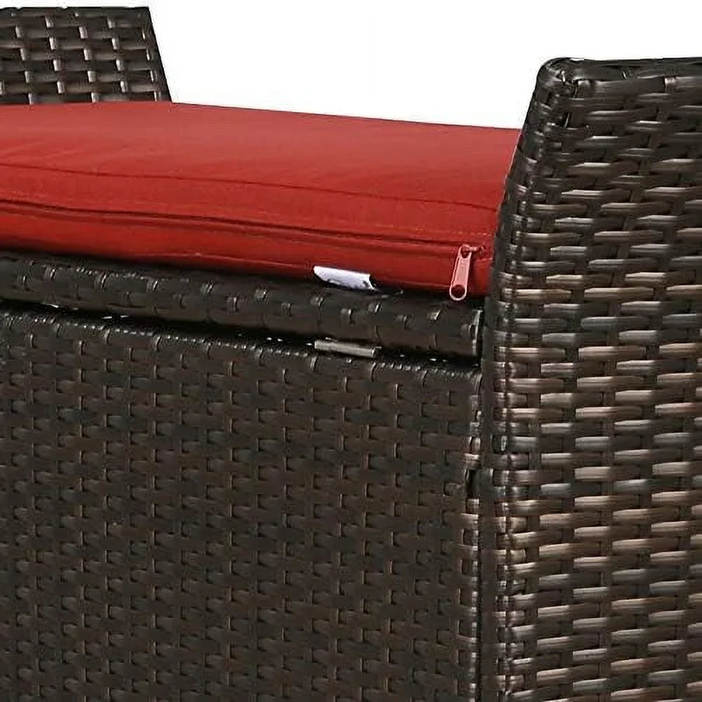 Outdoor Deck  Box  Patio Wicker  Bench  Rattan  Bins with Cushion (Red)