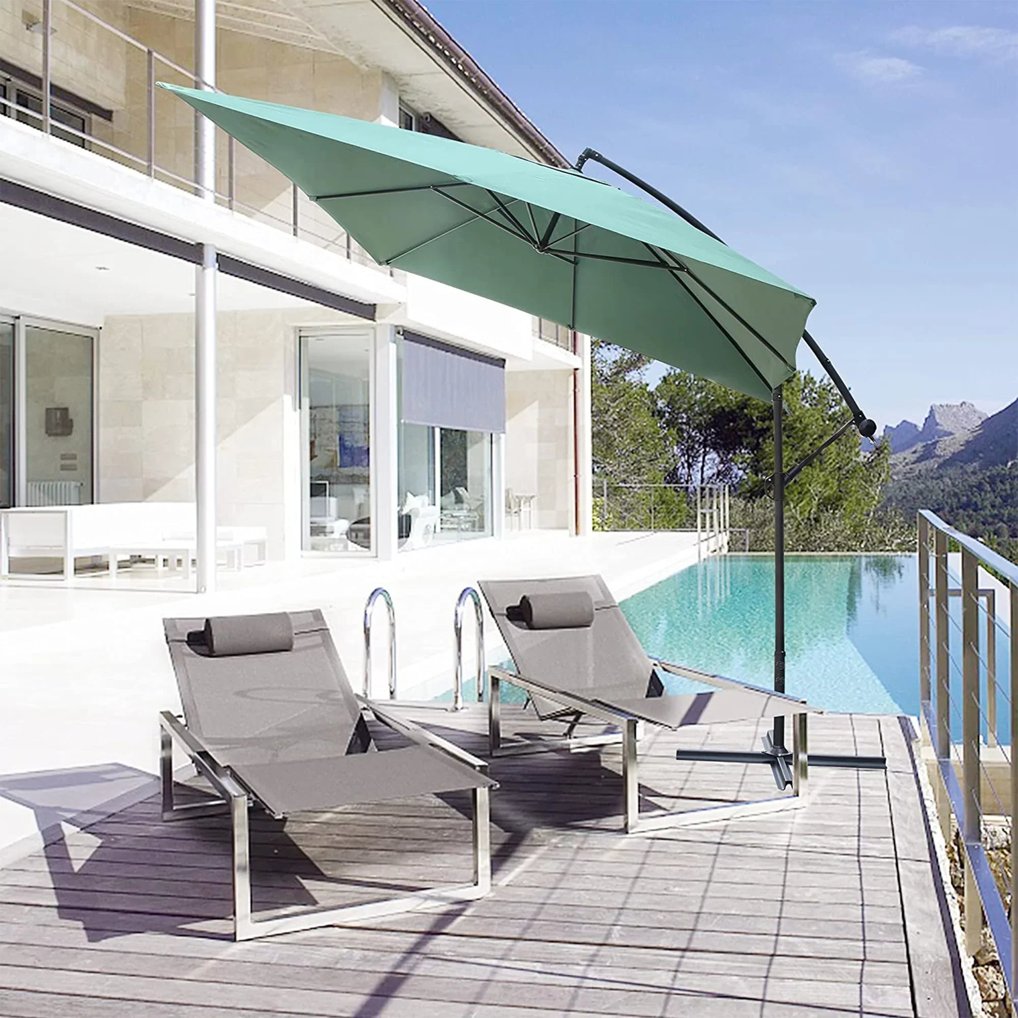 10  Patio Offset Umbrella Hanging Outdoor Umbrellas Easy Tilt Adjust Polyester for Backyard, Poolside, Lawn and Garden, Green