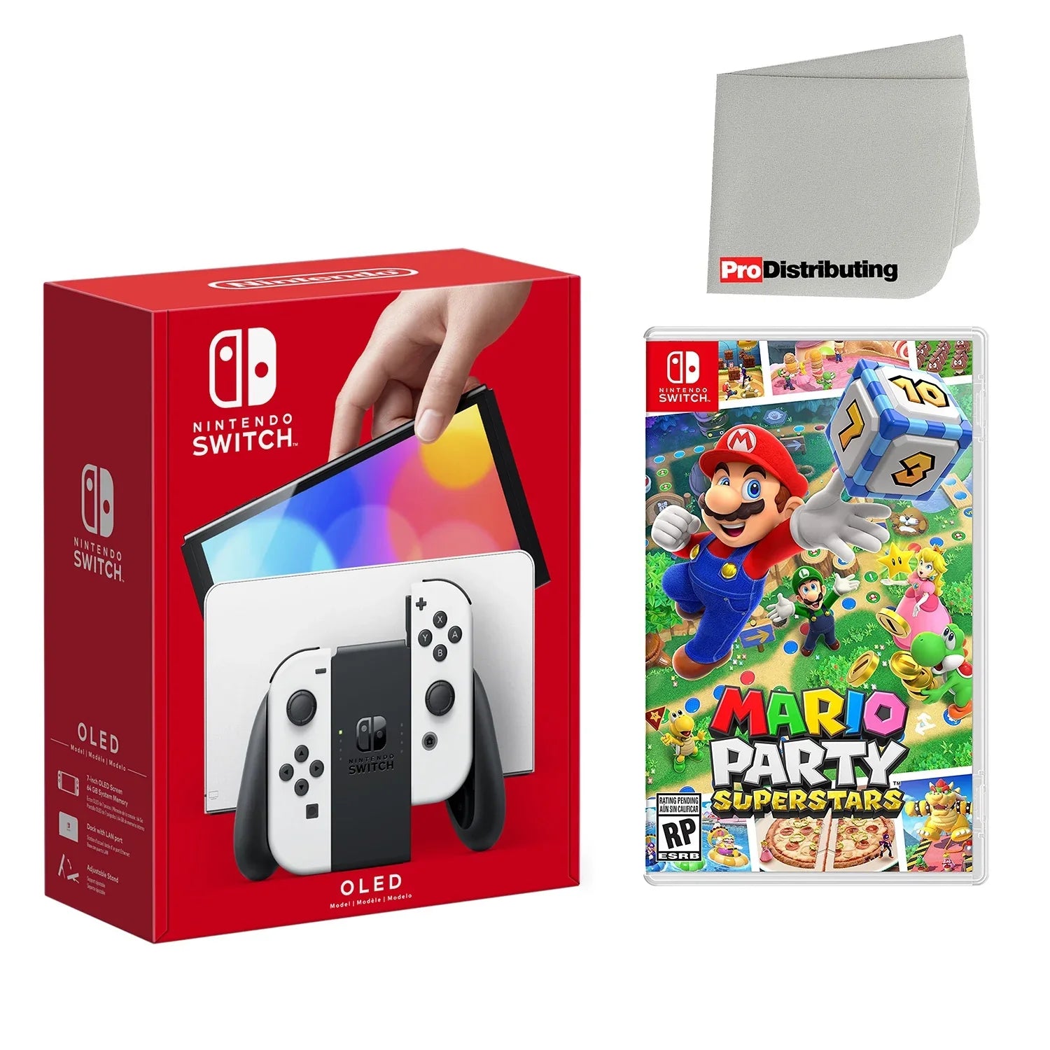 Nintendo Switch  Console White with Mario Party Superstars and Screen Cleaning Cloth