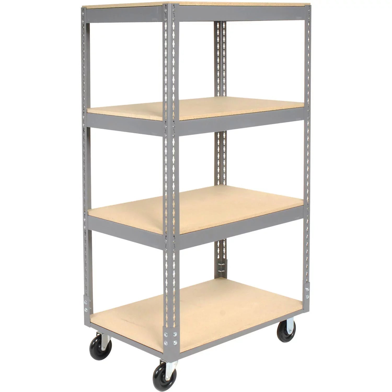 Easy Adjust Boltless 4 Shelf Truck, Wood Shelves, Polyurethane Casters, 48" x 24" x 65"