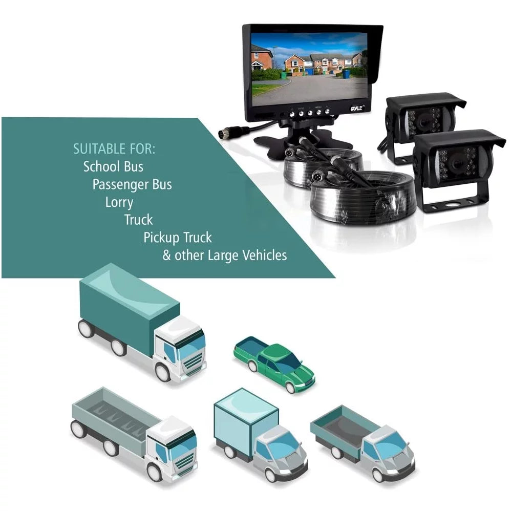 Weatherproof Rearview Backup Camera & Monitor Video System, Commercial Grade, 2 Cameras, 7" Monitor, Dual  12-24V for Bus, Truck, Trailer, Van