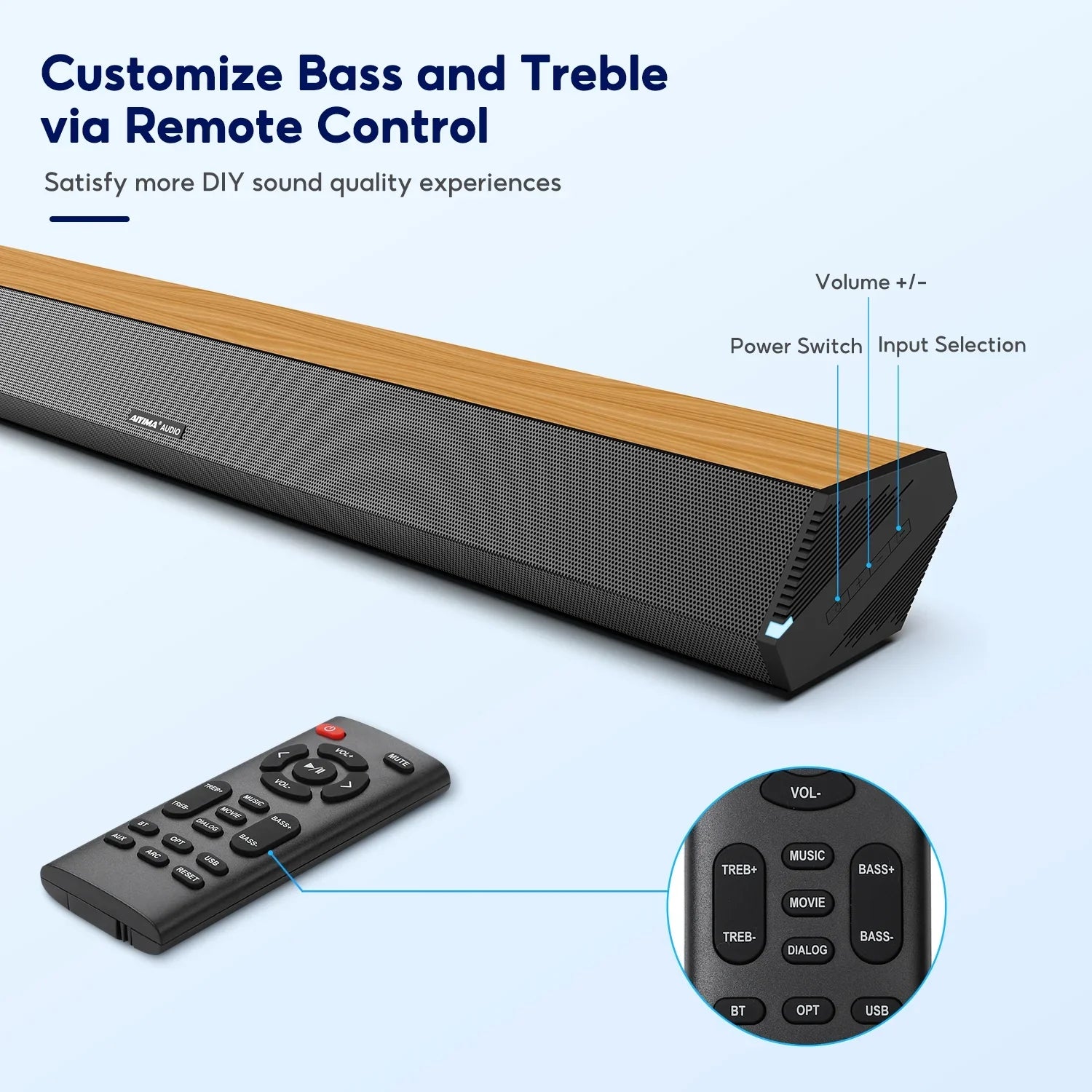 Soundbar 28-Inch 60W with -, Bluetooth 5.0, Optical Coaxial   Connection, 4 Speakers, 3 EQs, 110dB Surround Sound Bar Home Theater Audio Soundbar System for