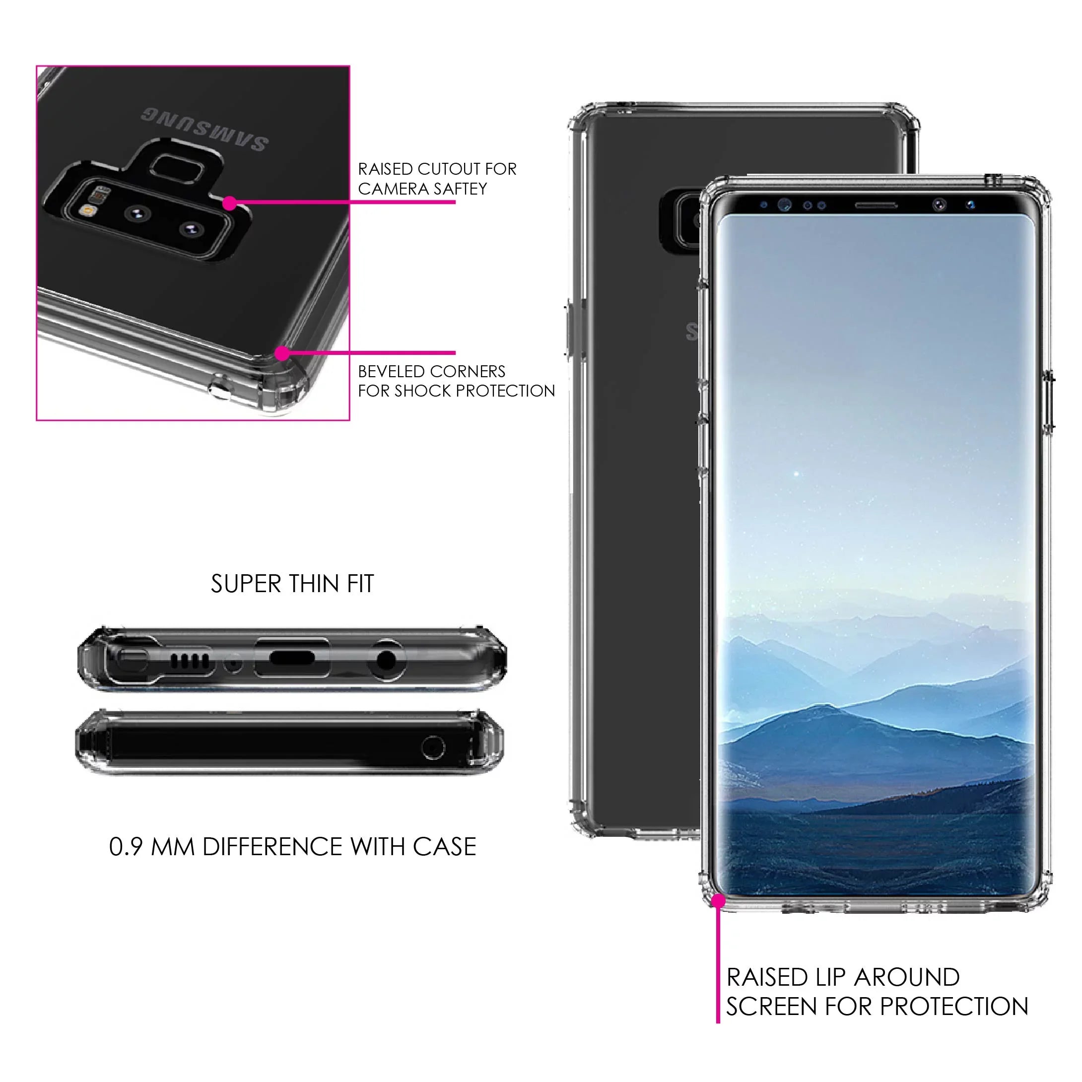 DistinctInk Clear Shockproof Hybrid Case for Samsung Galaxy Note 9 -  Bumper, Acrylic Back, Tempered Glass Screen Protector - Faith / Hope / Love - Black & White - Christ