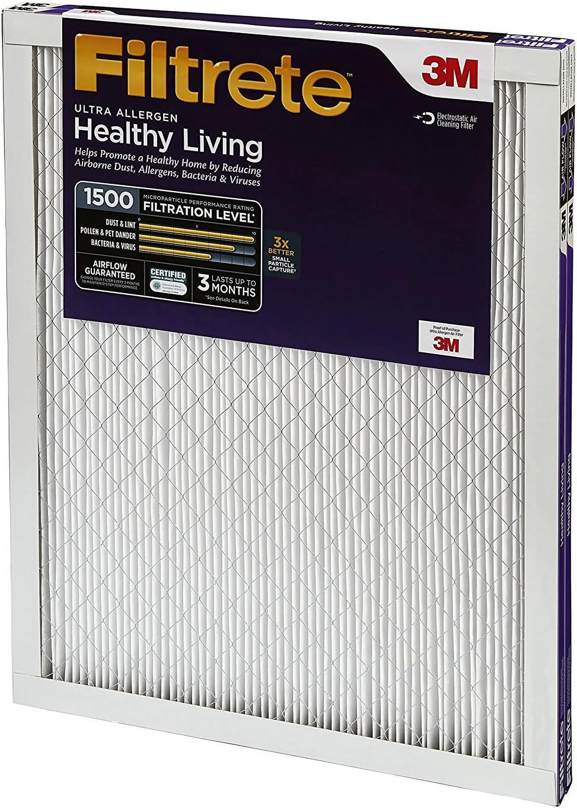 Filtrete 16x24x1 Air Filter,  1500,  12, Healthy Living Ultra-Allergen 3-Month Pleated 1-Inch Air Filters, 2 Filters