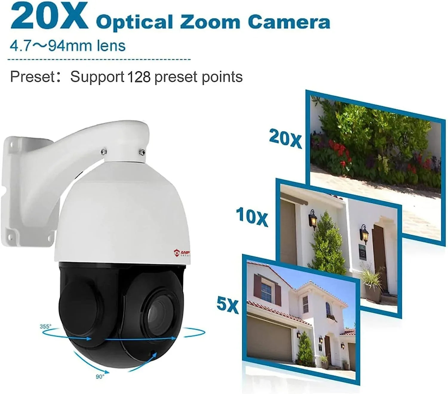 Anpviz 5MP PoE   Surveillance Camera 20X Optical Zoom,   Security Camera Outdoor Indoor with Mic/Audio, Person Vehicle Detection,  Night Vision, Metal, Pan 360°/Tilt 90°,  Waterproof