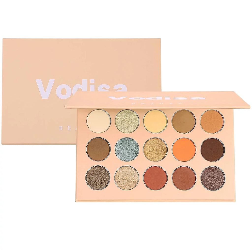 Vodisa Colorful Eyeshadow Palette Matte Shimmer High Pigmented Eyeshadow Pallet 15 Colors Professional Makeup Nudes Warm Natural Long Lasting Waterproof Eye Shadow with Make Up Brushes Set (