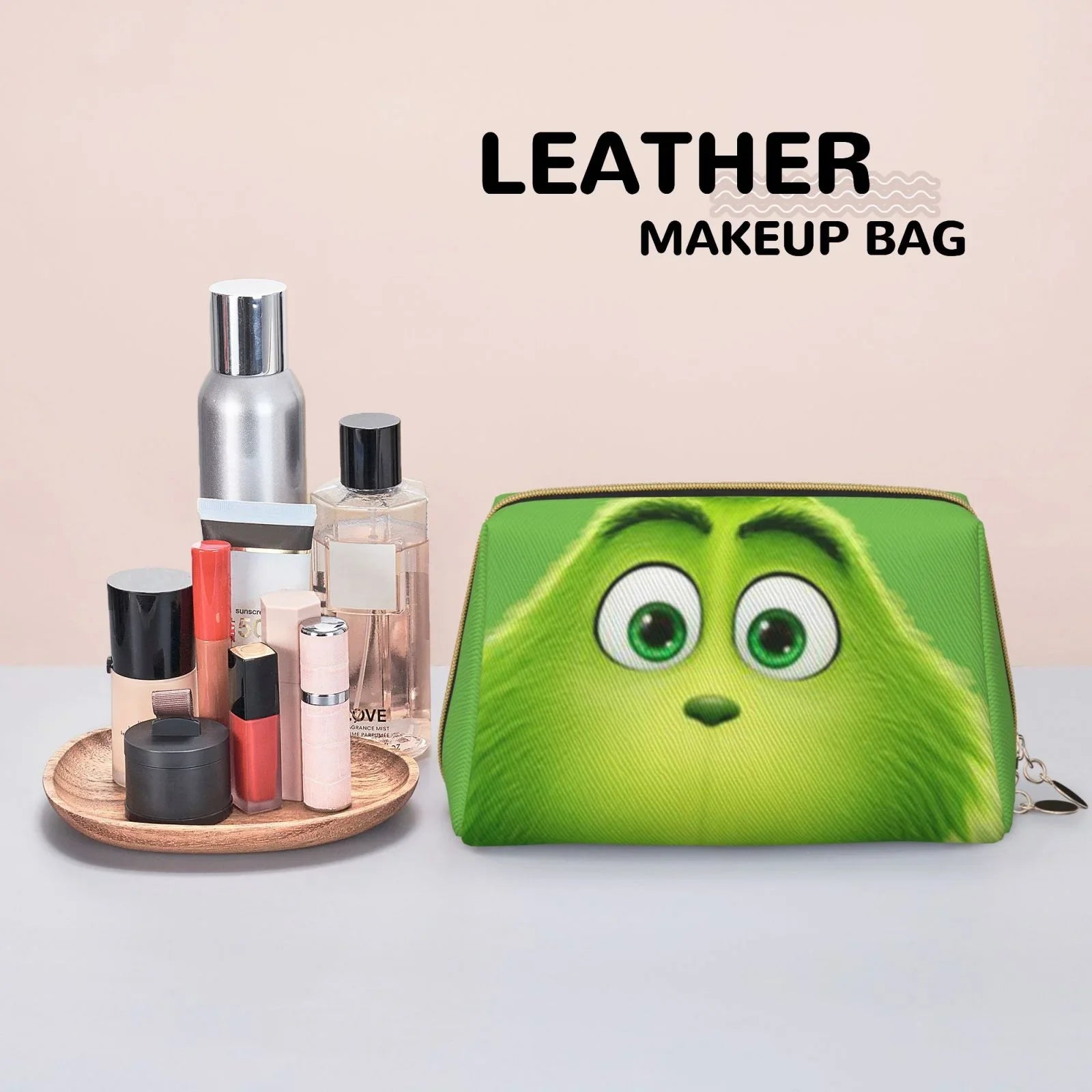 Green Grinch Cosmetic Bag Makeup Organizer Leather Portable Pouch Gift Travel Toiletry Bag Storage Purse