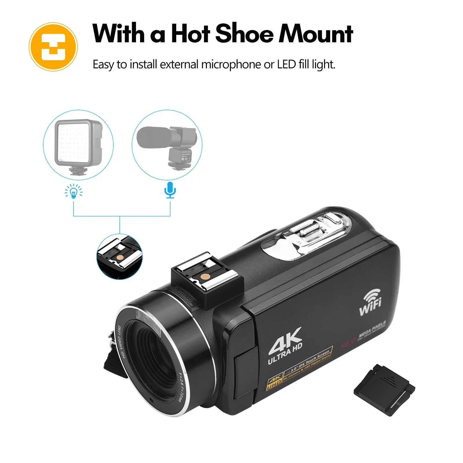 Andoer-2 4K Digital Video Camera WiFi Camcorder  Recorder 56MP 18X Digital Zoom 3.0 Inch  Touchscreen Supports Face Detection  Night Vision -shake with 2pcs Batteries + Remote Control + Carry