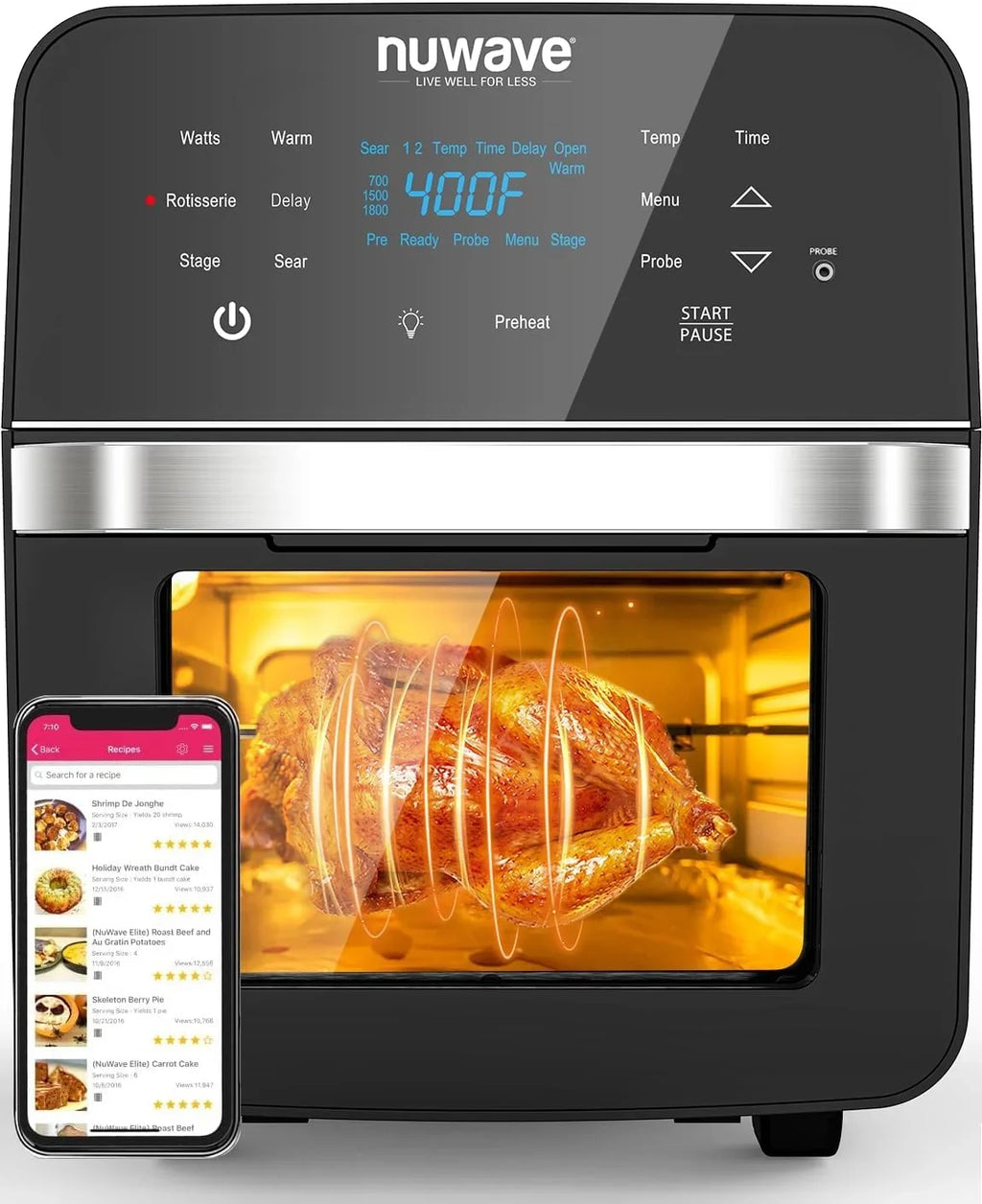 Brio Air Fryer Oven, 15.5Qt -Large Family Size,  Rotisserie Basket &-Skewer Kit, Powerful 1800W, 50F-425F Temp Controls, Integrated Smart Thermometer