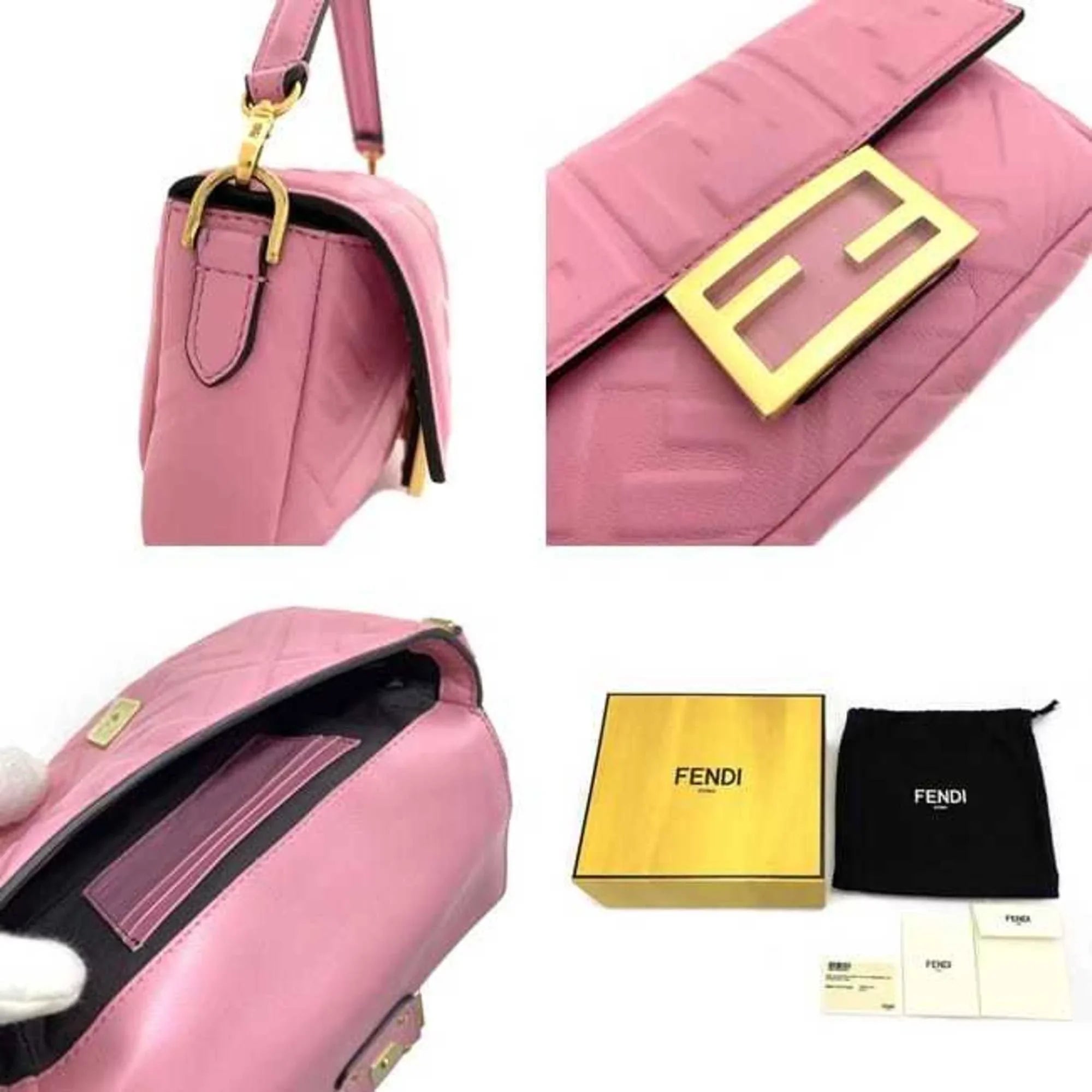 Pre-Owned Fendi Baguette Small Pink Gold 8BS017 Leather   Shoulder Bag  Embossed Ladies Chain (Like New)