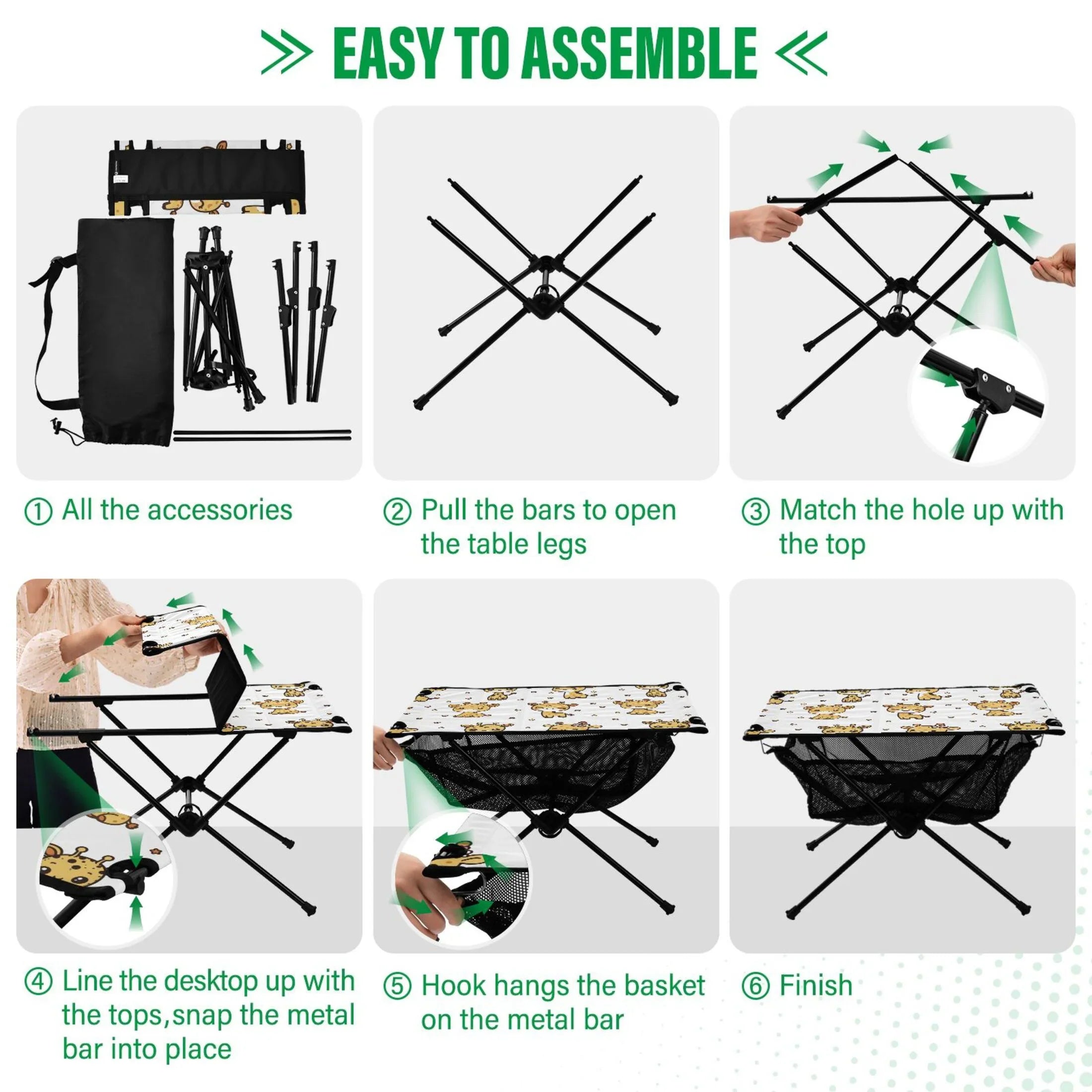 Cute Cartoon Giraffe Pattern Camping Folding Table Portable Beach Table with Storage Bag Compact Picnic Table for Outdoor Travel Fishing