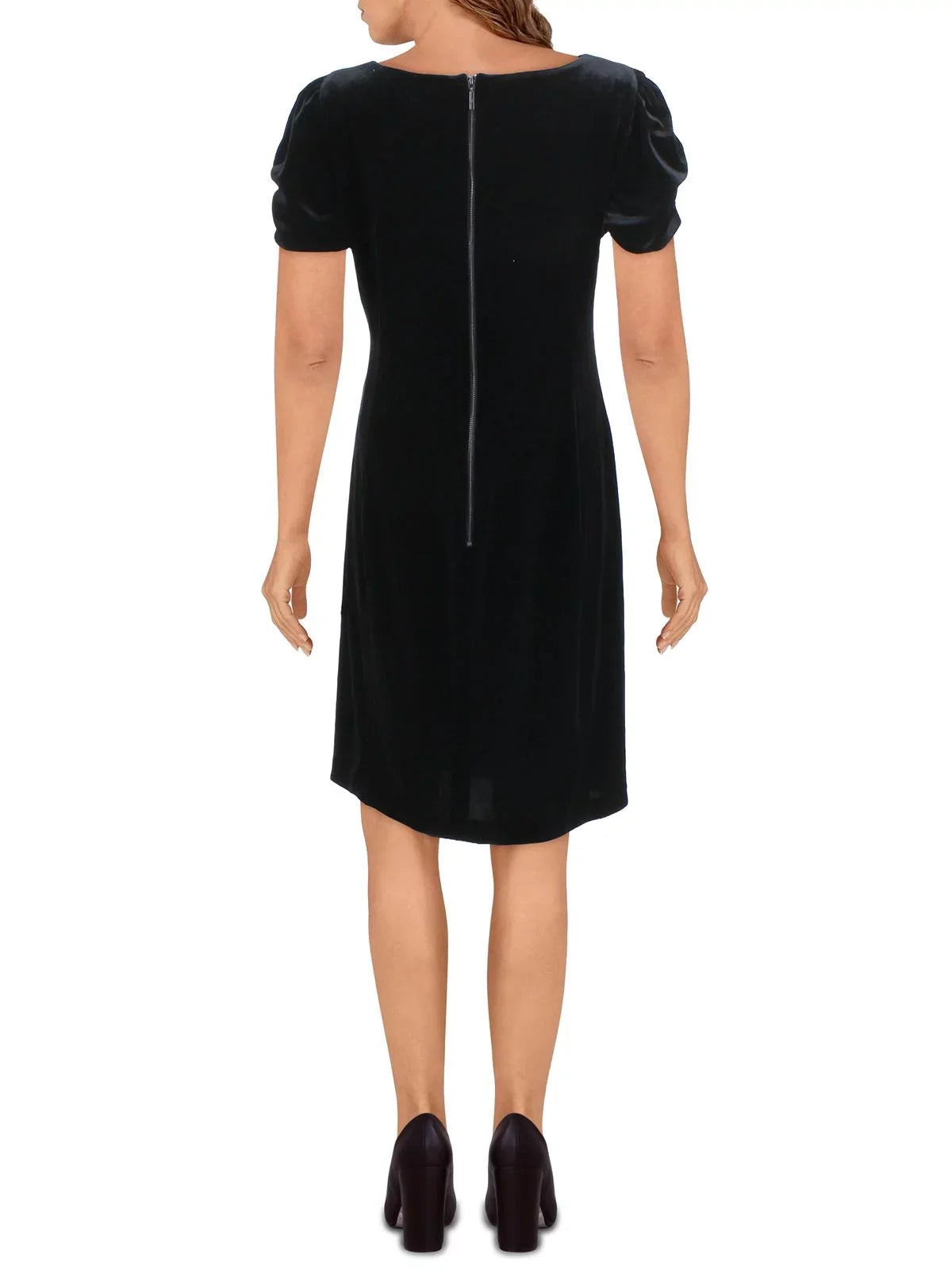 Womens Black Zippered Ruched Pouf Sleeve Round Neck Above The Knee Party Fit + Flare Dress 8